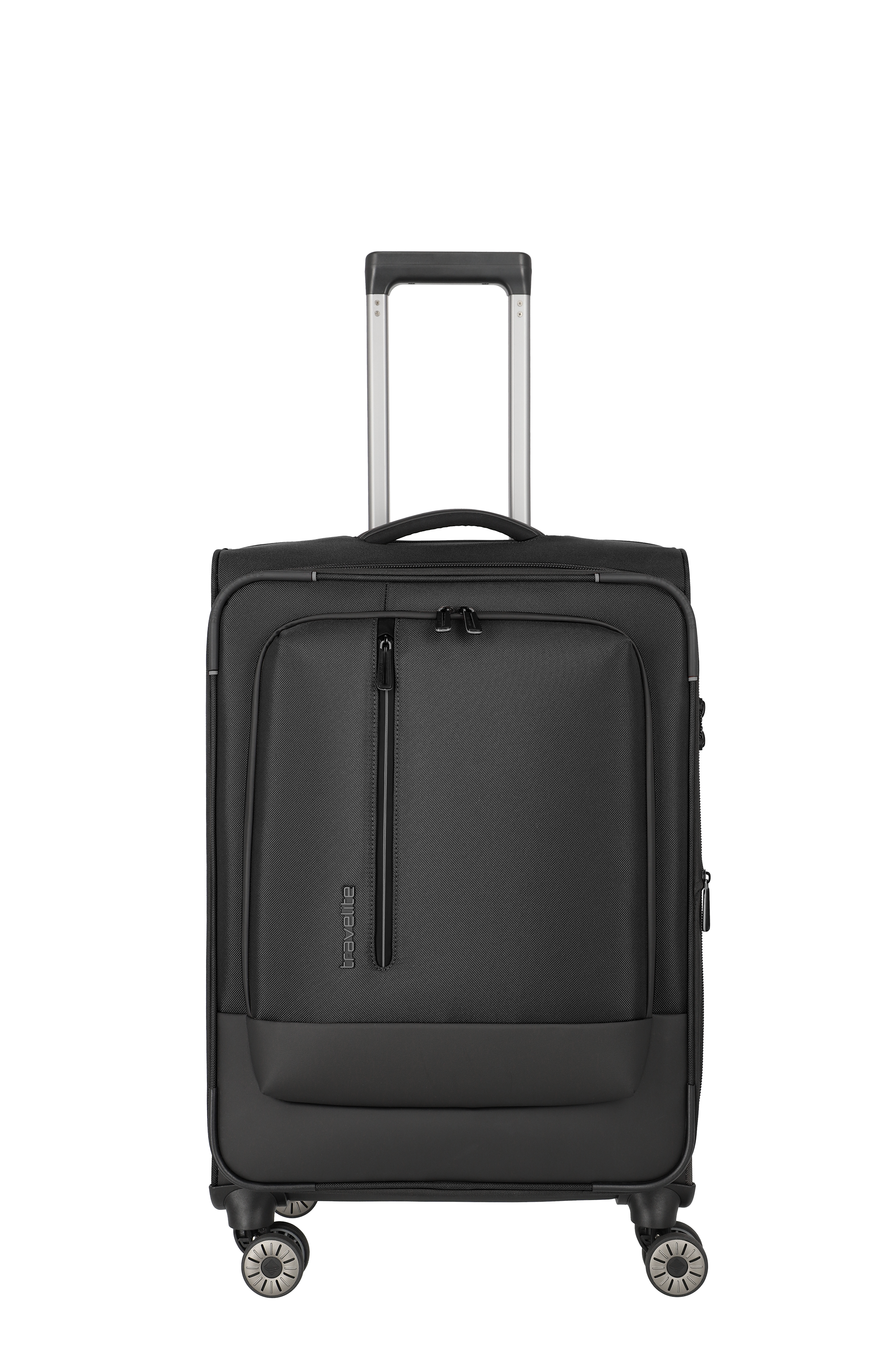 Schwarzer Trolley-Koffer mit vier Rollen und Teleskopgriff für komfortables Reisen Moderner, schwarzer Rollkoffer mit Teleskopgriff und Vordertasche, ideal als Handgepäck