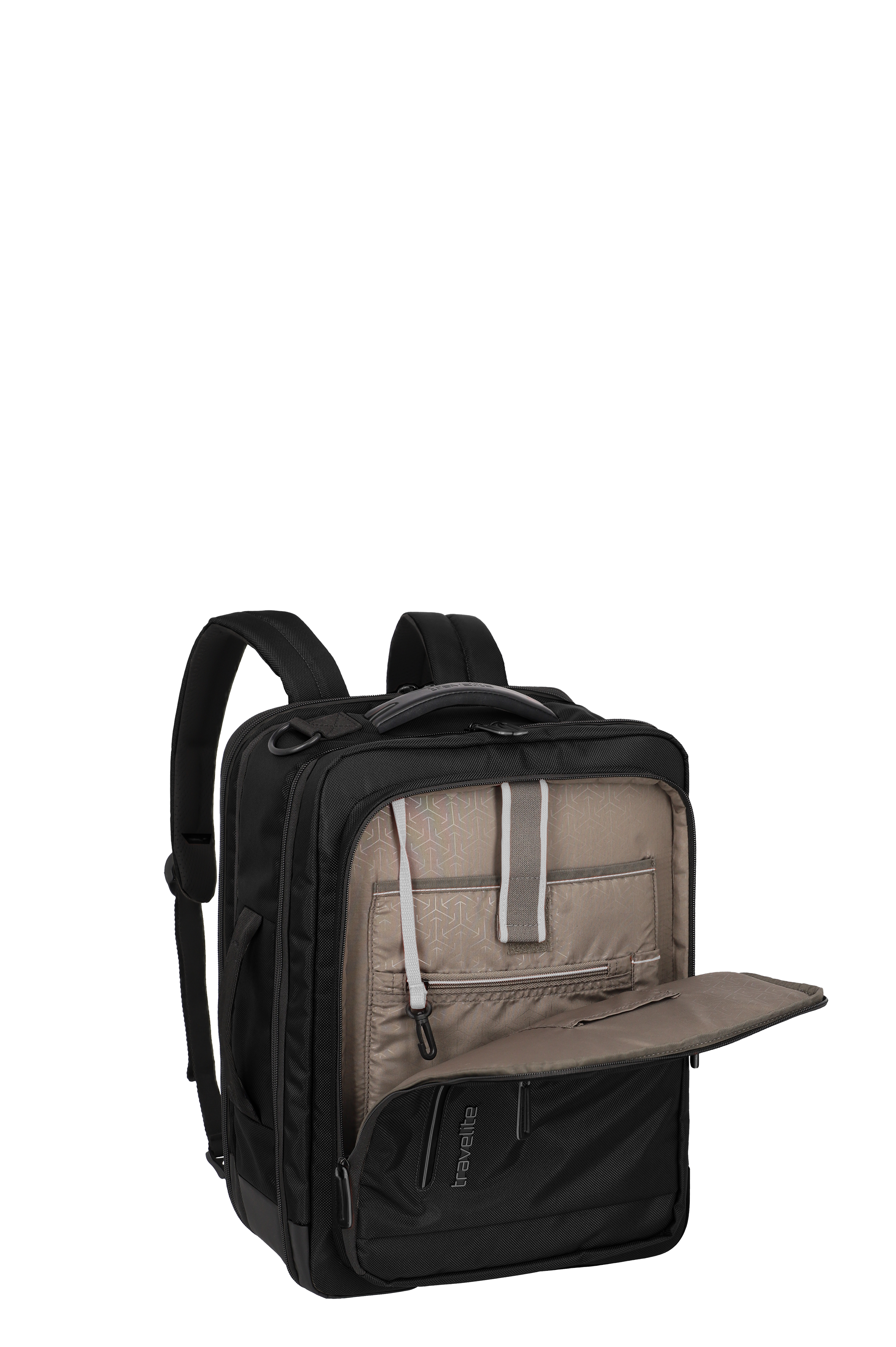 Schwarzer Rucksack mit geöffnetem Frontfach und mehreren Innenfächern für Organisation