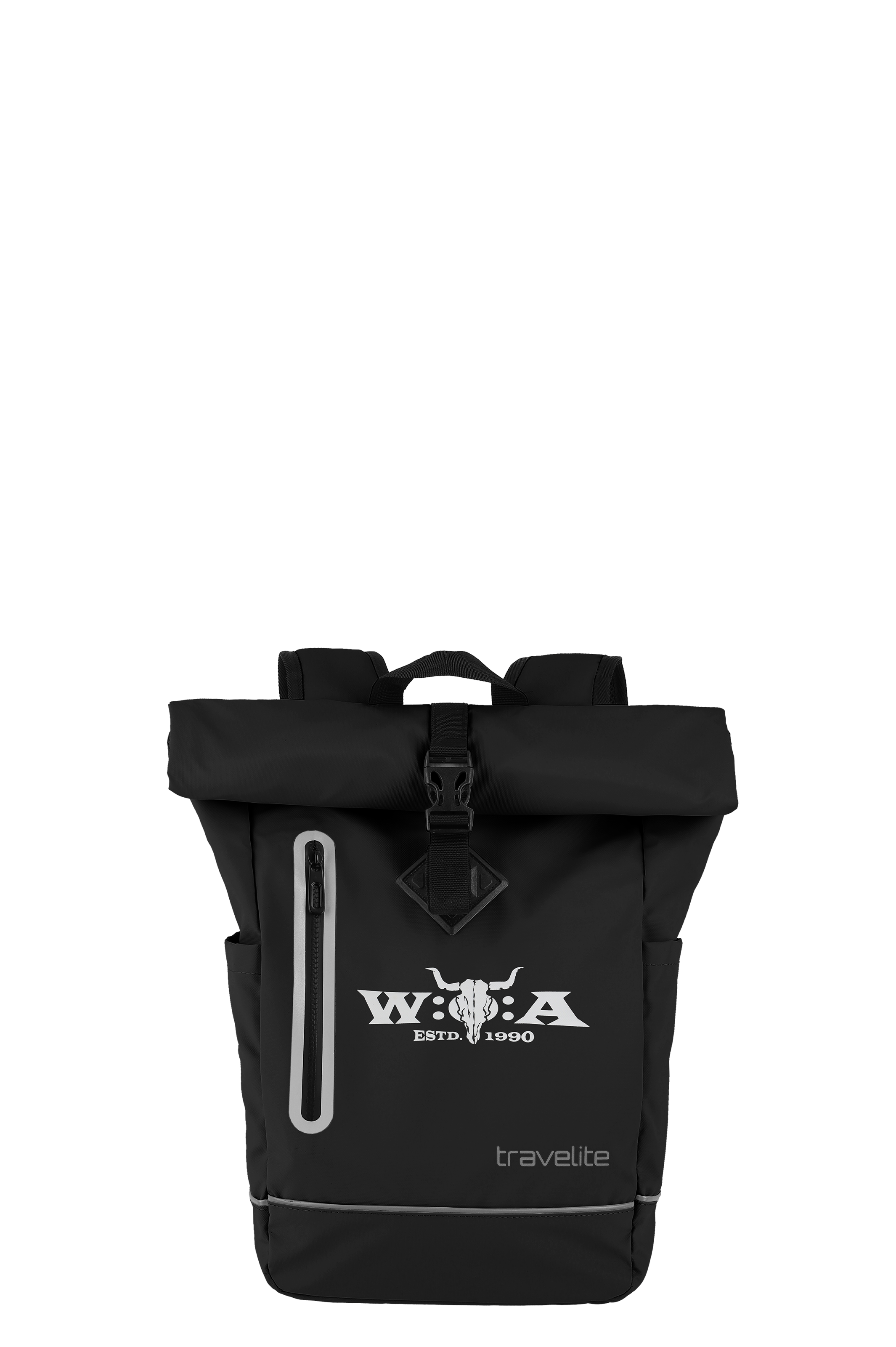 Schwarzer Rollup Rucksack mit weißen Applikationen, inklusive Wacken-Logo und Travelite Schriftzug. Der Rucksack hat einen Rollverschluss mit Schnalle, eine Reißverschlusstasche, Seitentaschen und Reflektoren.