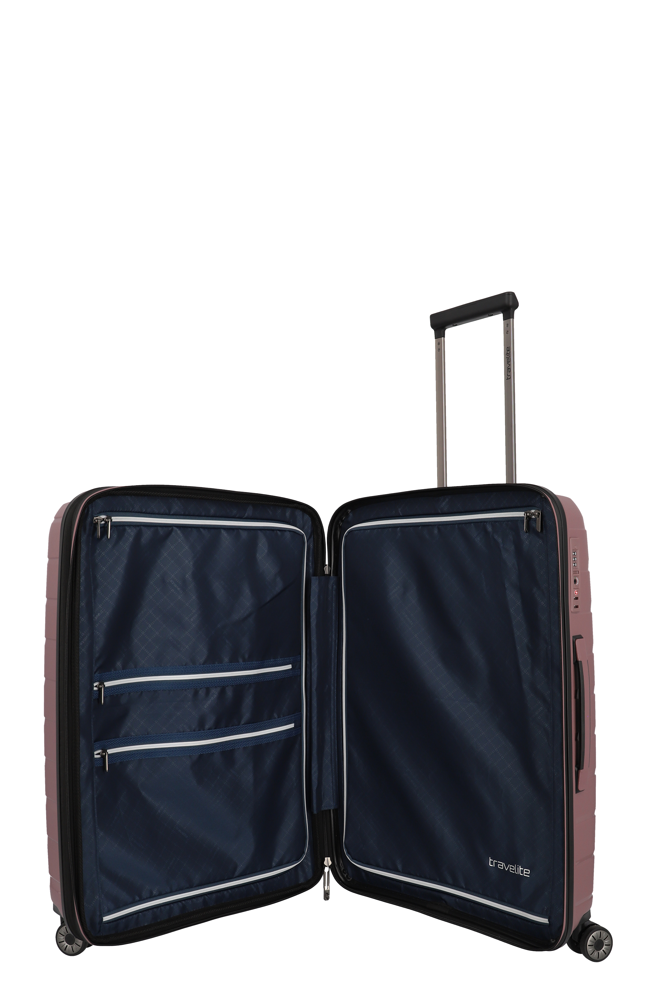 Großer Hartschalenkoffer in Rosa von travelite mit geöffnetem Innenraum und praktischen Fächern