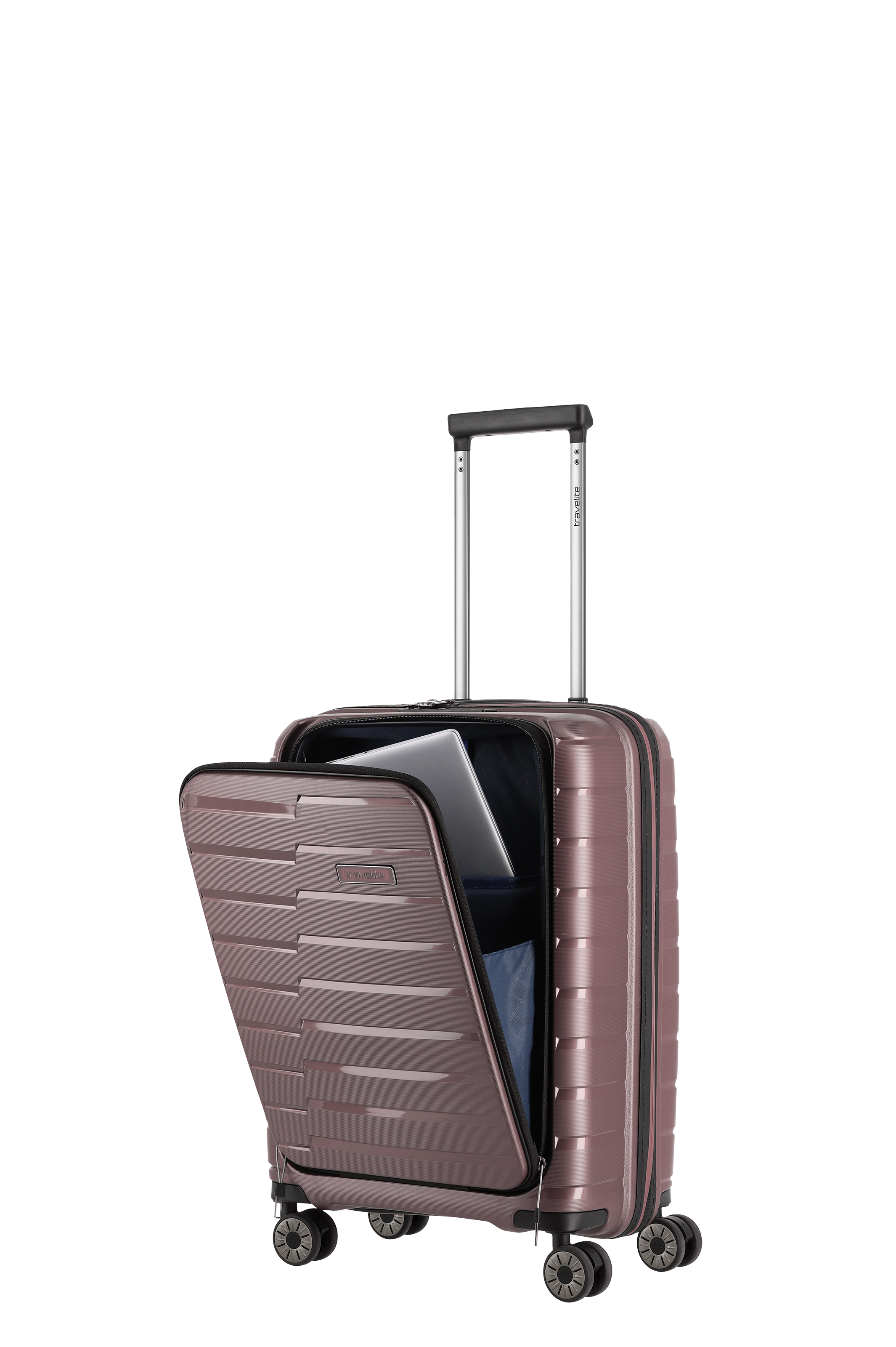 Hartschalen-Trolley in Braun mit Frontfach und Laptopfach, Handgepäckgröße, vier Rollen