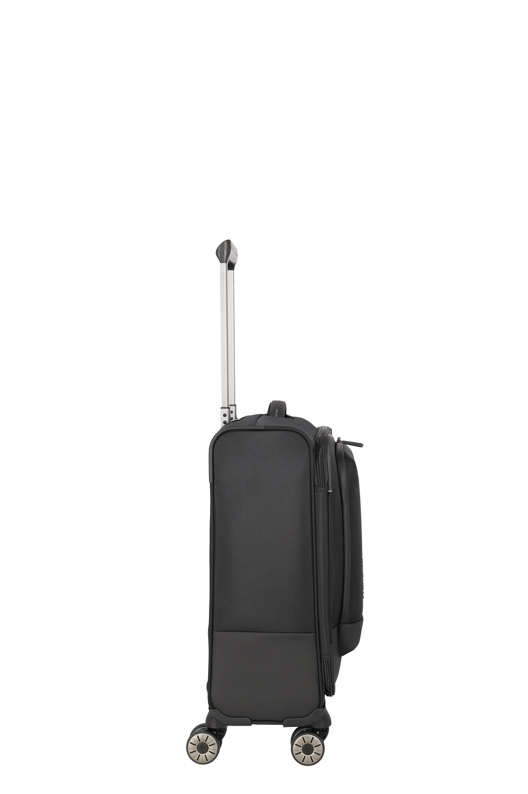 Moderner schwarzer Trolley-Reisekoffer mit vier Rollen und Teleskopgriff, Seitenansicht