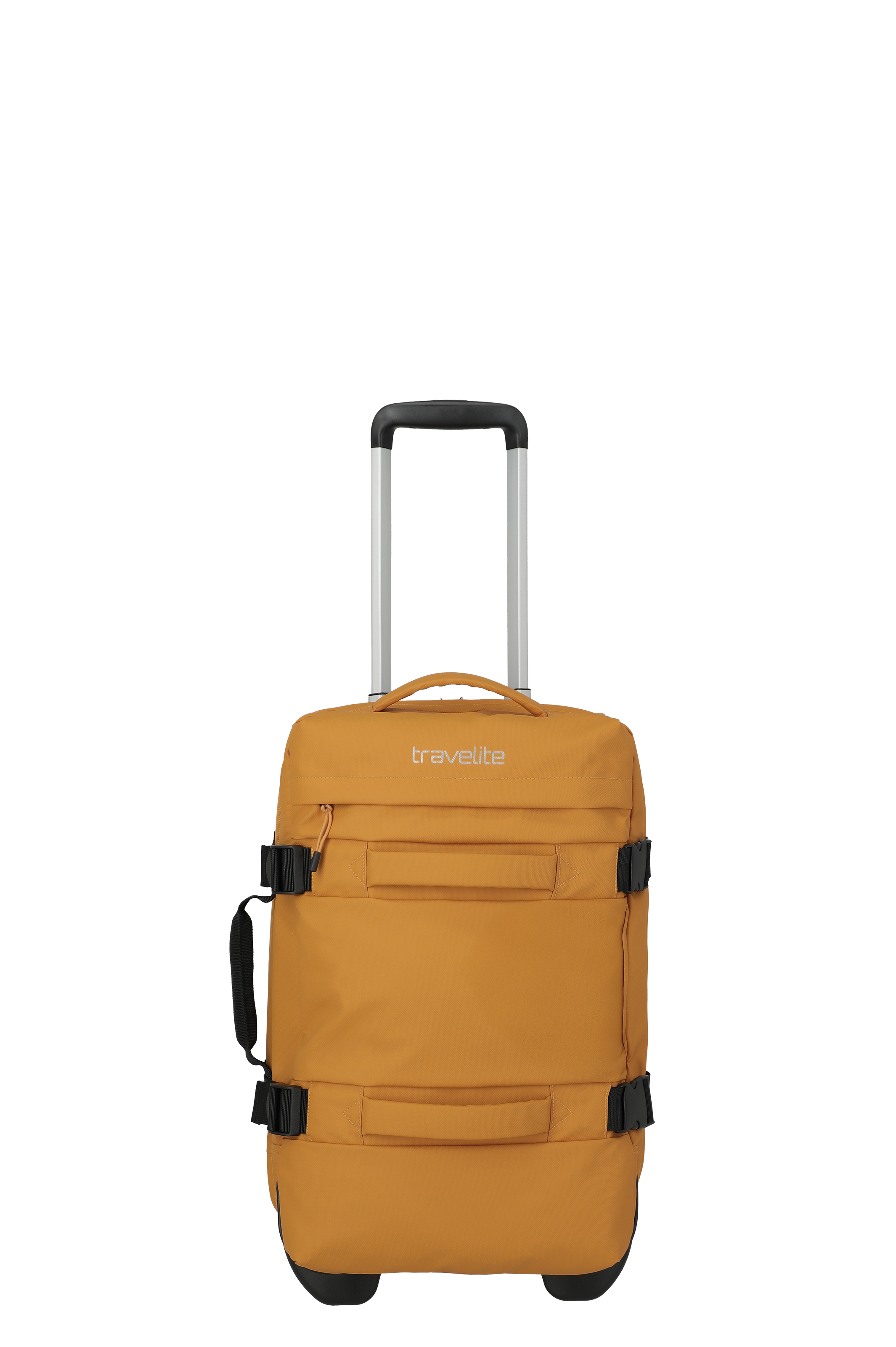 Ein senffarbener Rollkoffer der Marke "travelite" steht auf schwarzem Hintergrund. Er hat einen silbernen, ausziehbaren Griff, schwarze Räder und Tragegurte mit Schnallen auf der Vorderseite. Ein seitlicher Tragegriff ist ebenfalls vorhanden.