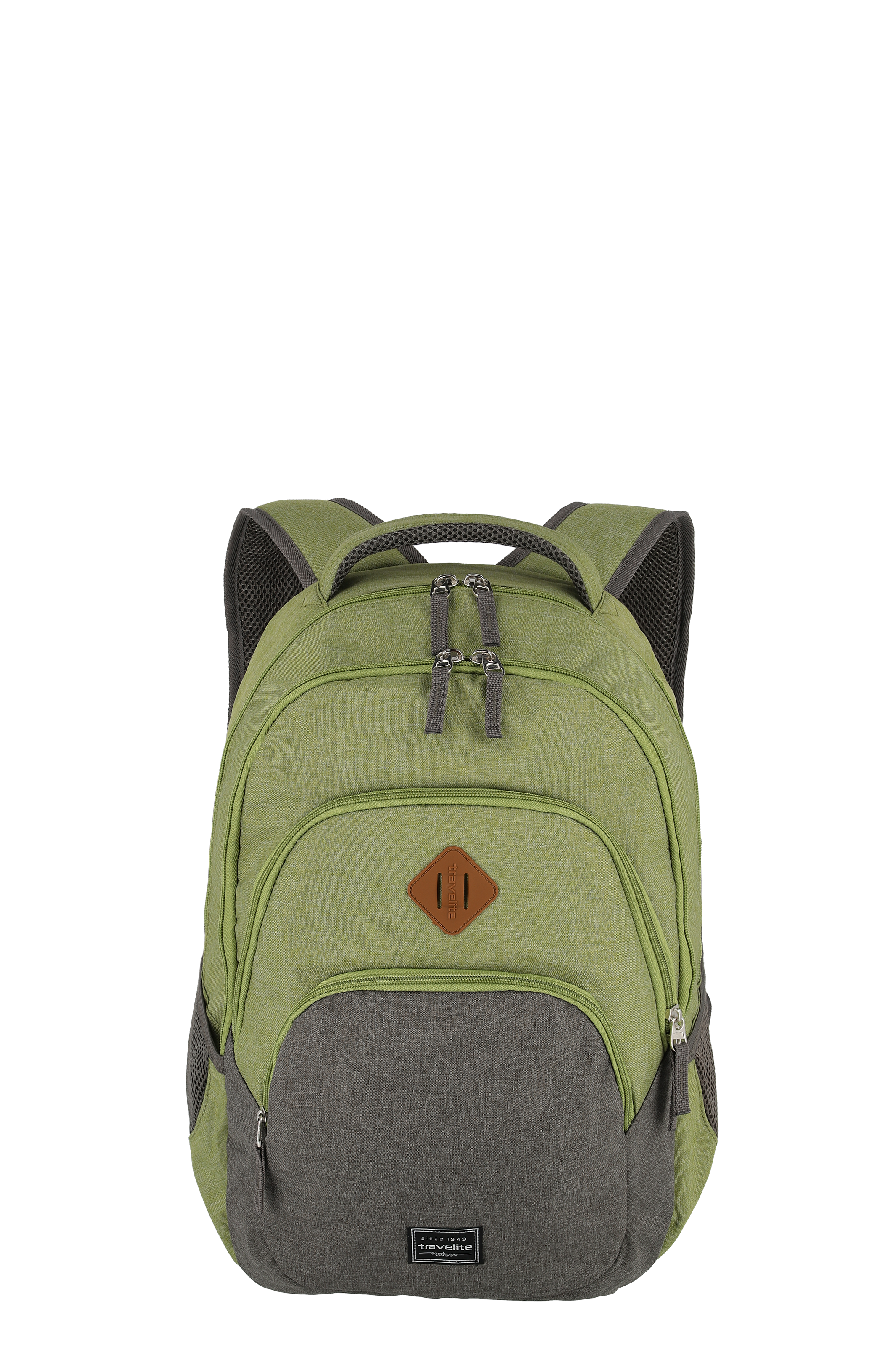 Zaino verde con scomparti multipli e accenti grigi; ideale per la scuola e l'uso quotidiano