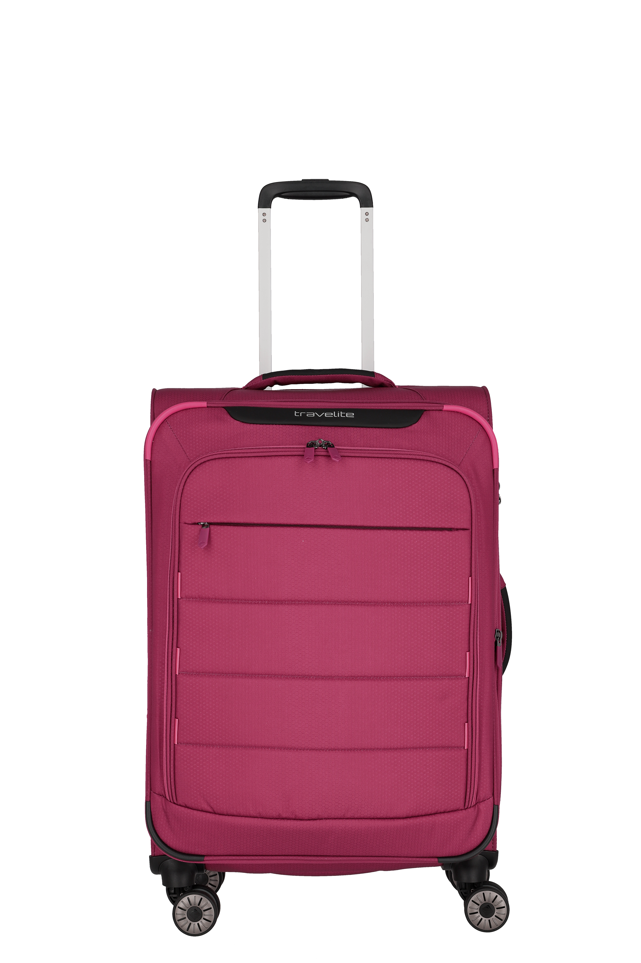 Pinkfarbener Travelite Weichschalenkoffer mit 4 Rollen und ausziehbarem Griff, ideal für Reisen