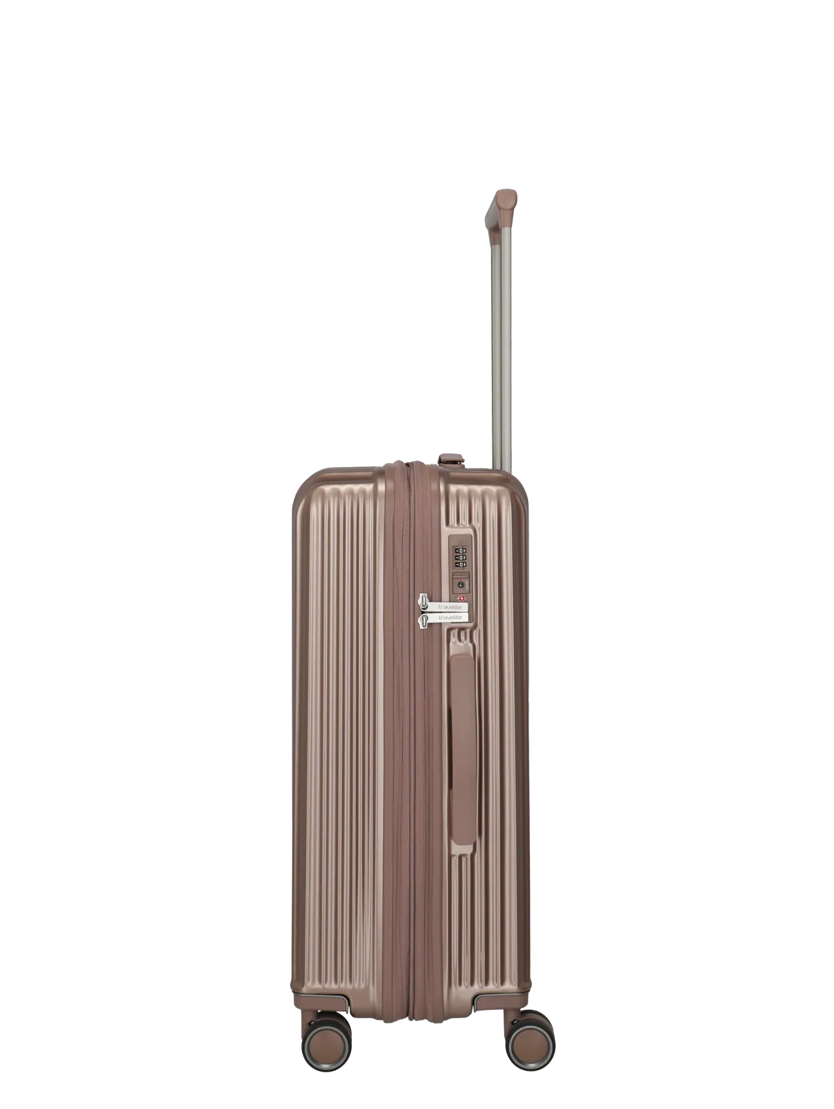 Eleganter Hartschalenkoffer in Roségold mit TSA-Schloss und Teleskopgriff – Seitenansicht