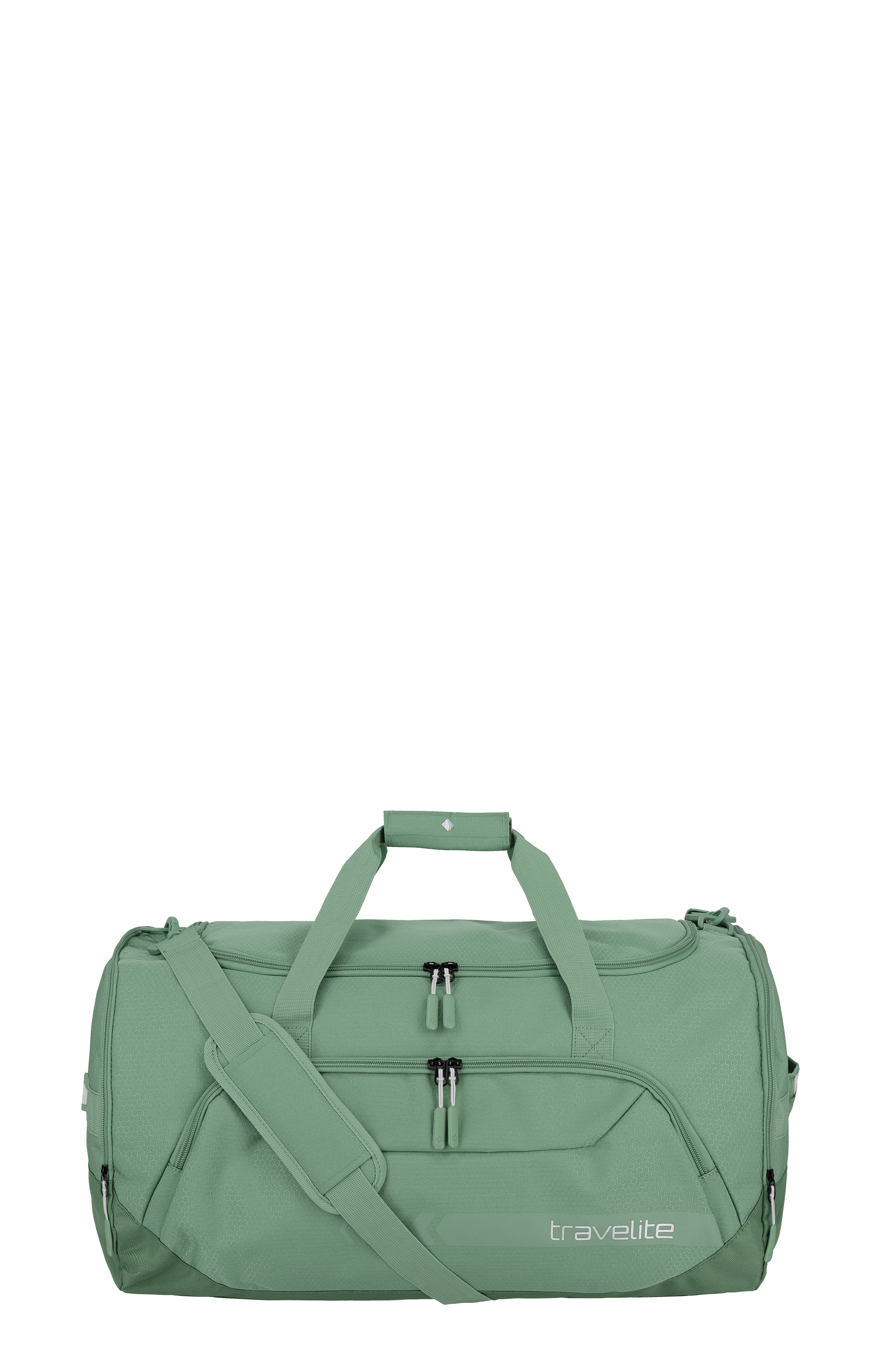 Sac de loisirs vert TRAVELITE L avec poignées et bandoulière amovible. Le sac a plusieurs poches extérieures avec des fermetures éclair. TRAVELITE Le logo est visible en bas à droite.