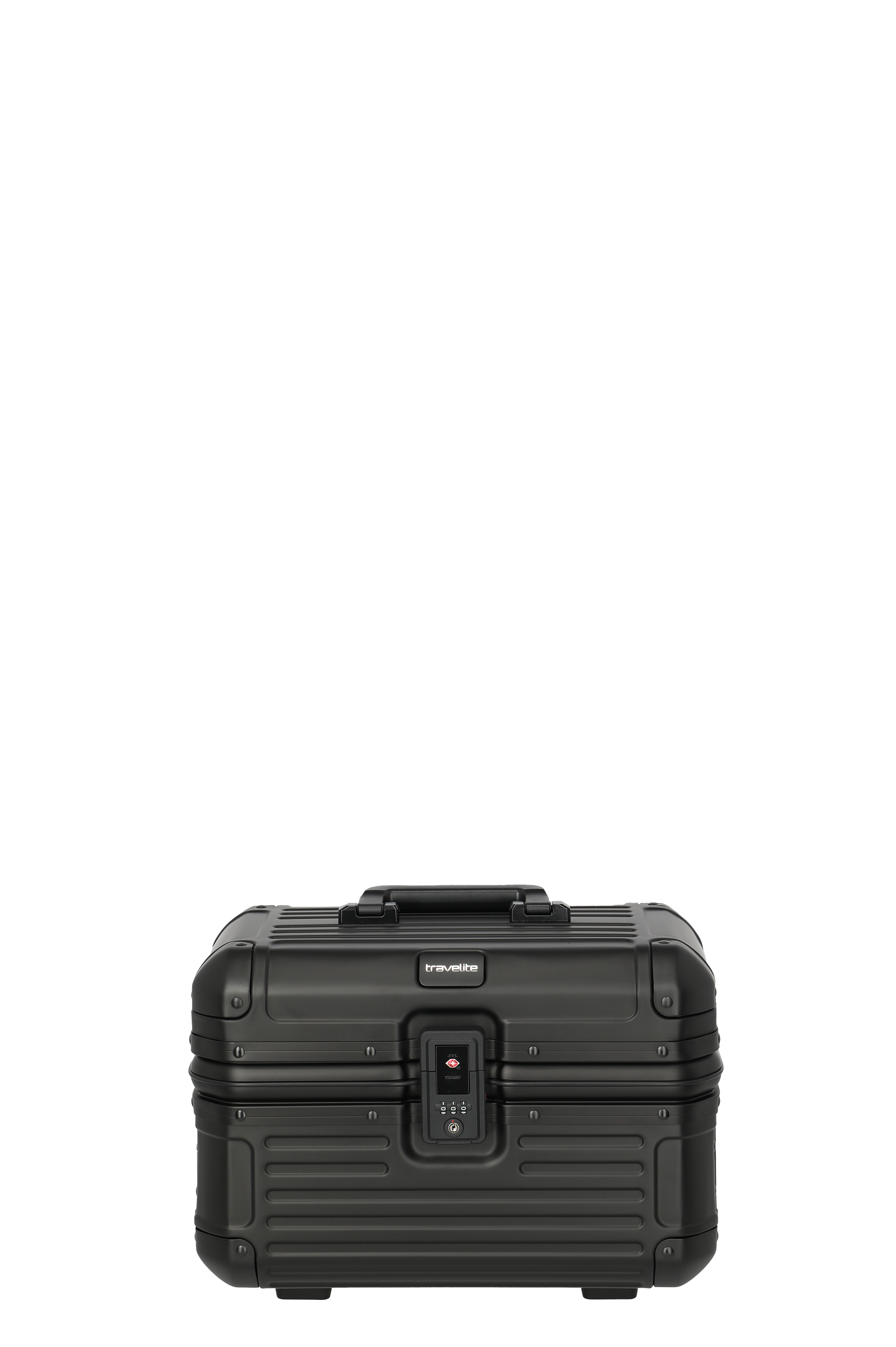 Robuster schwarzer Beautycase Hartschalenkoffer mit Zahlenschloss von travelite – ideal für Kosmetik und Reisen Schwarzer Hartschalenkoffer von travelite mit Zahlenschloss, kompakt und stabil, geeignet als Beautycase für Kosmetikartikel und Reiseutensilien