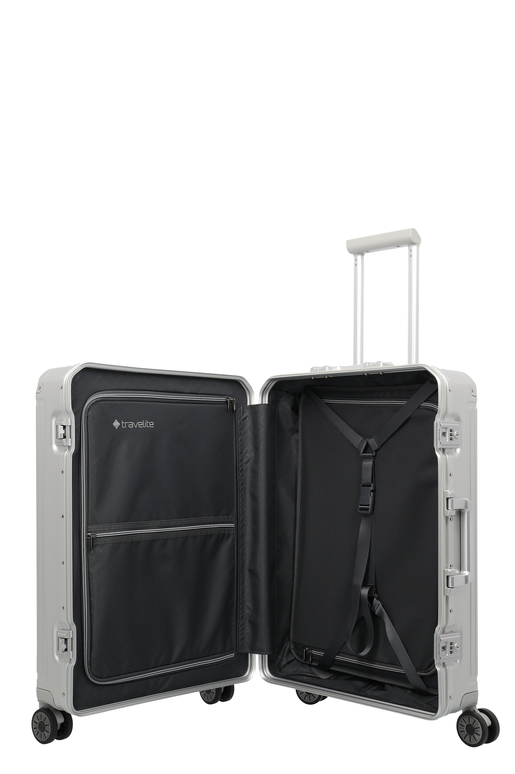 Moderner Hartschalenkoffer von travelite in Silber, geöffnet mit organisiertem Innenraum