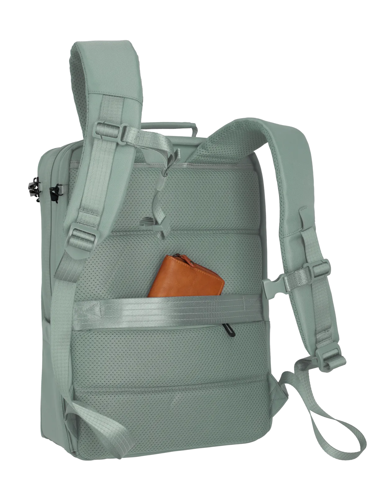 Rückansicht eines hellgrünen Rucksacks mit brauner Geldbörse im Reißverschlussfach