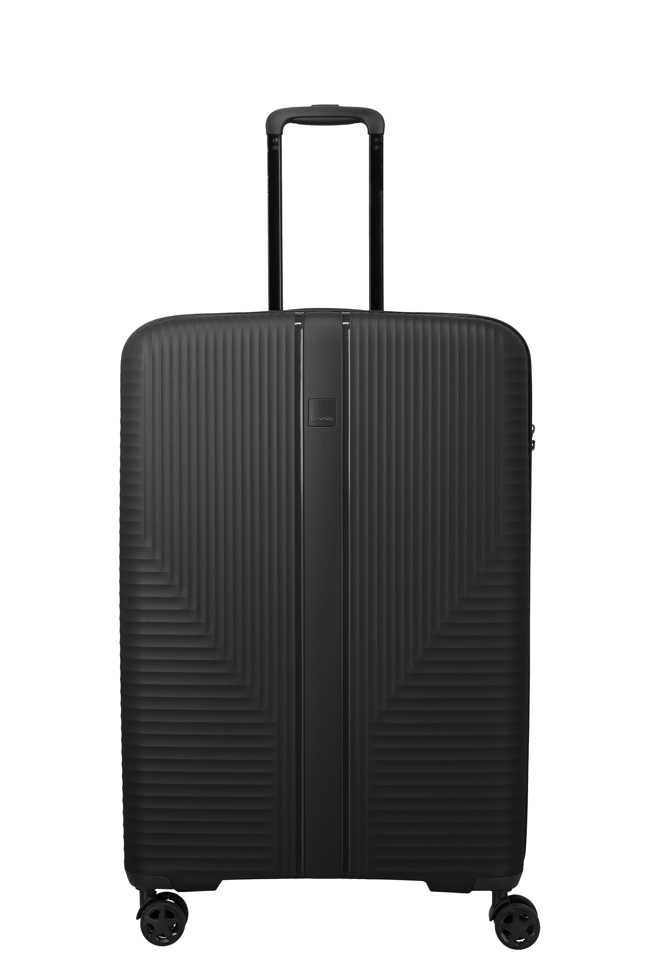 Aquí se muestra una maleta negra de TRAVELITE con asa extensible y cuatro ruedas. La superficie de la maleta tiene un diseño de rayas en relieve. Una franja vertical recorre el centro.