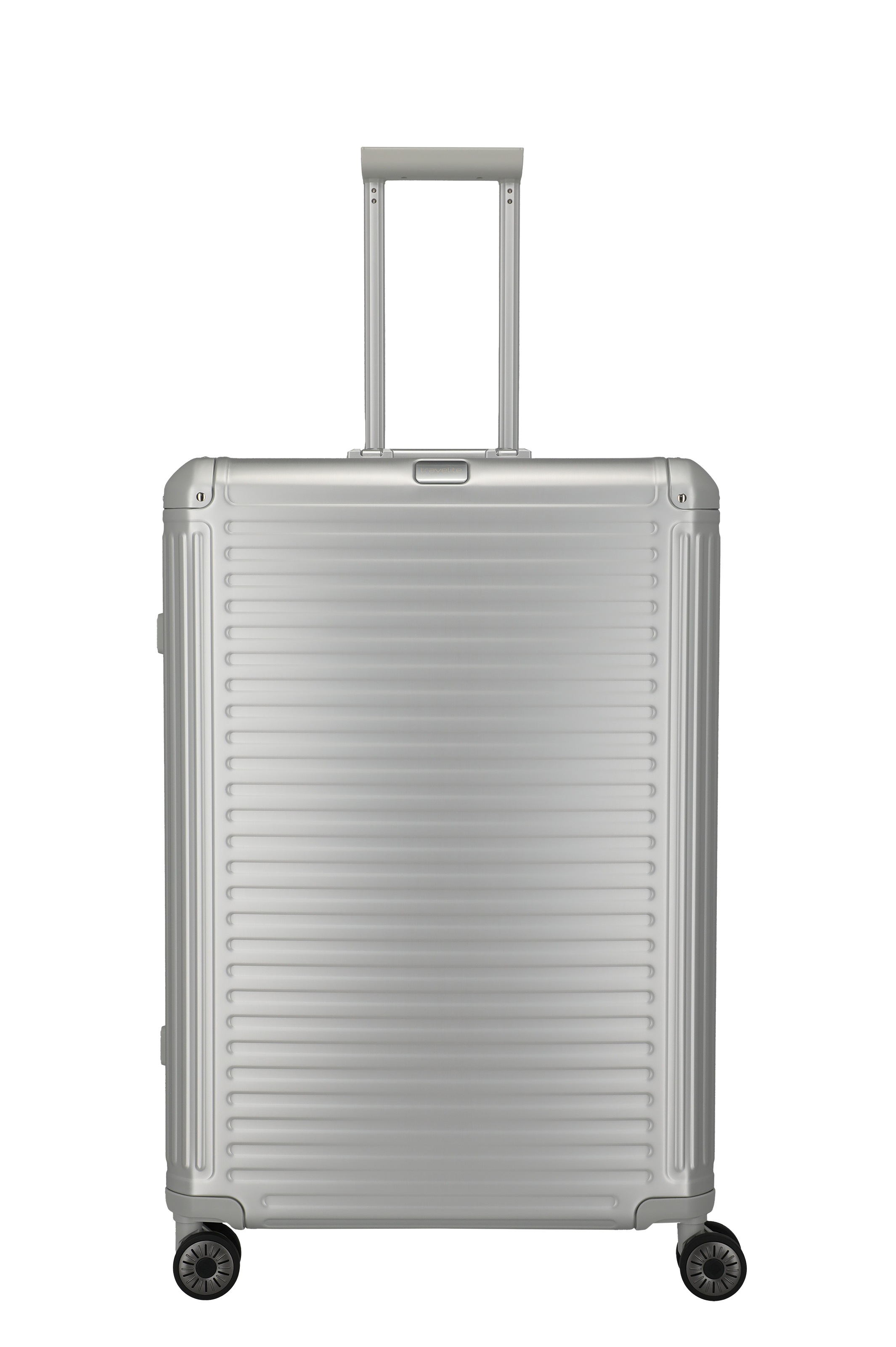 Valise argentée moderne à coque dure avec poignée télescopique et quatre roulettes, idéale pour les voyages