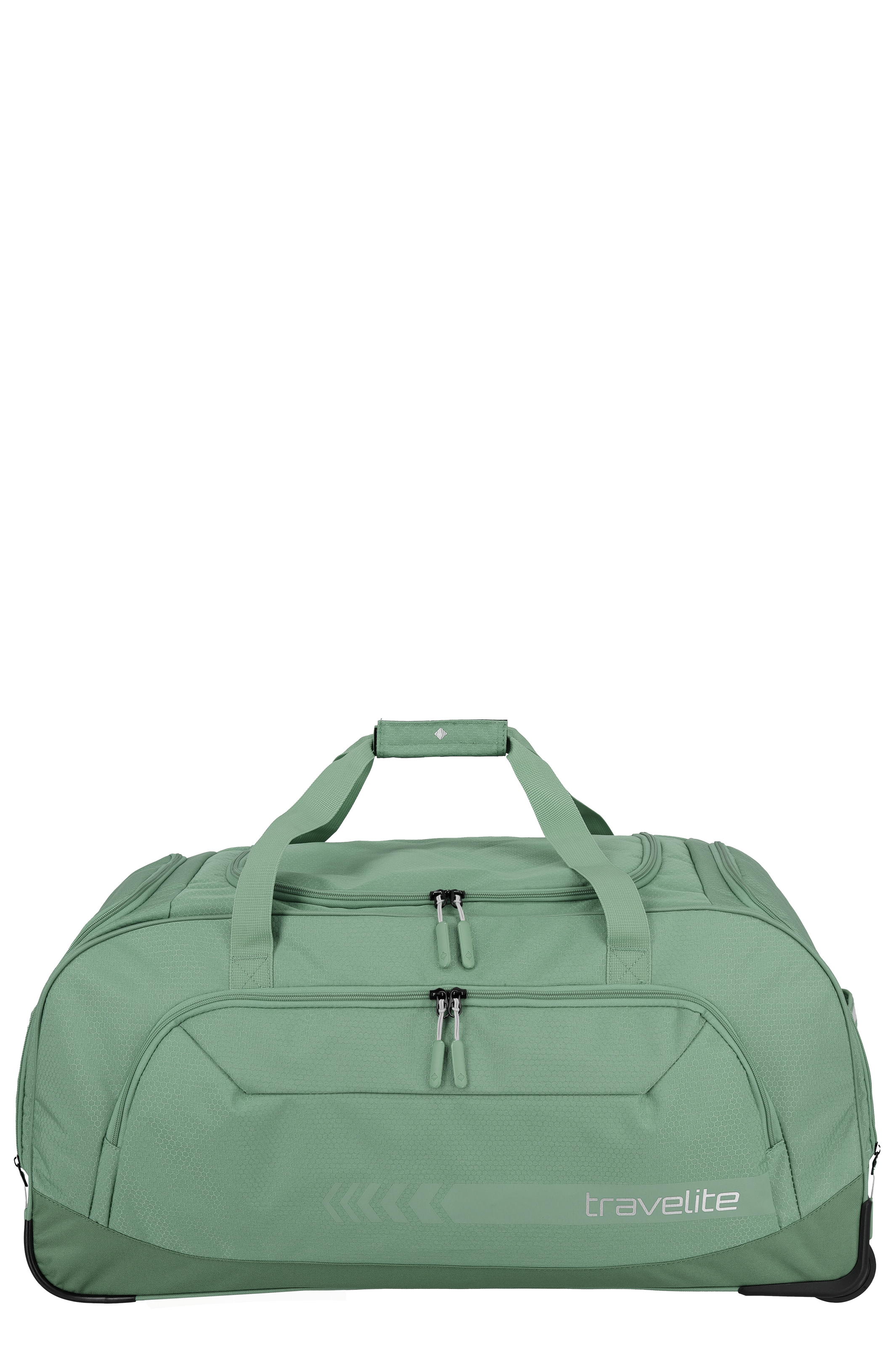 Een mintgroene, grote TRAVELITE XL reistas op wieltjes staat schuin op een zwarte basis. Hij heeft een zwart uitschuifbaar handvat, twee korte draagriemen en ritssluitingen. Aan de onderkant zijn wielen te zien.