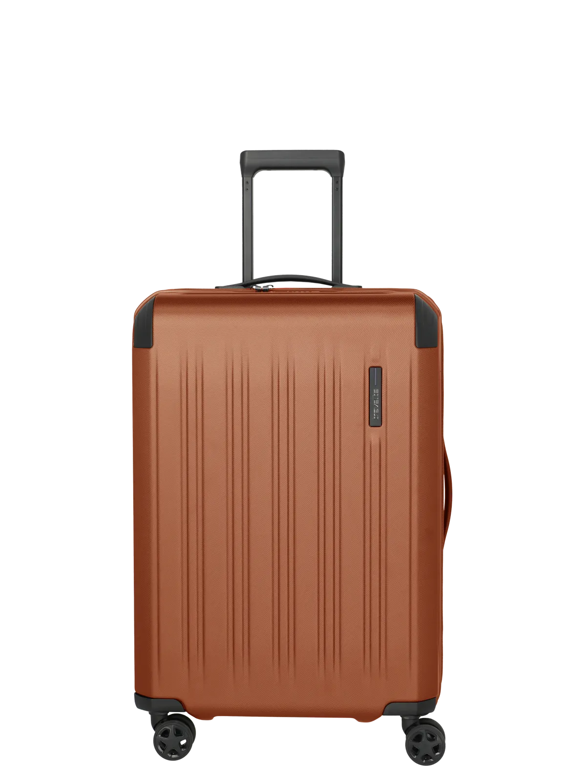 Hartschalenkoffer in Braun mit vier Rollen und Teleskopgriff für komfortables Reisen