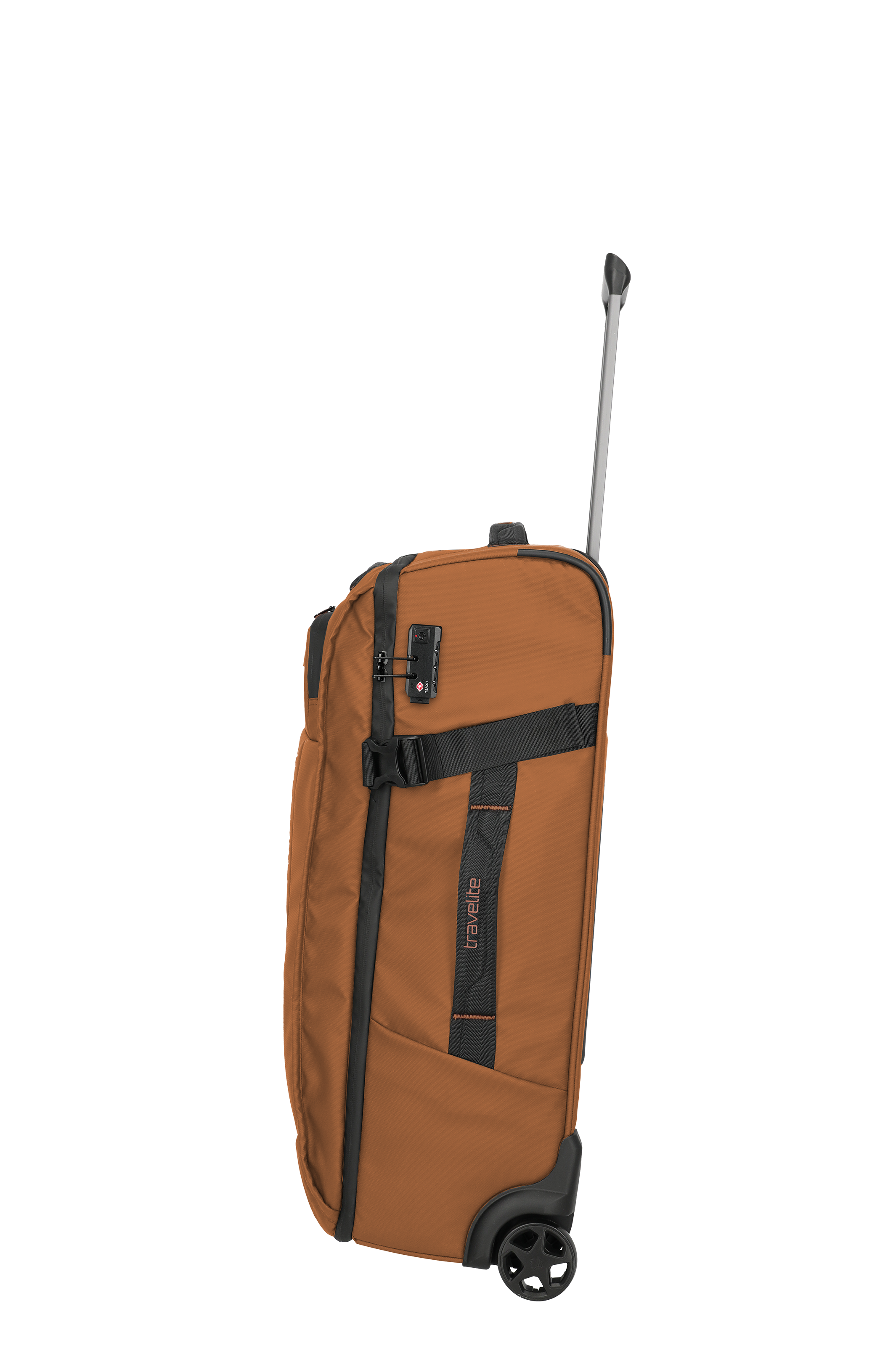 Robuster brauner Rollkoffer von Travelite mit TSA-Schloss und Teleskopgriff