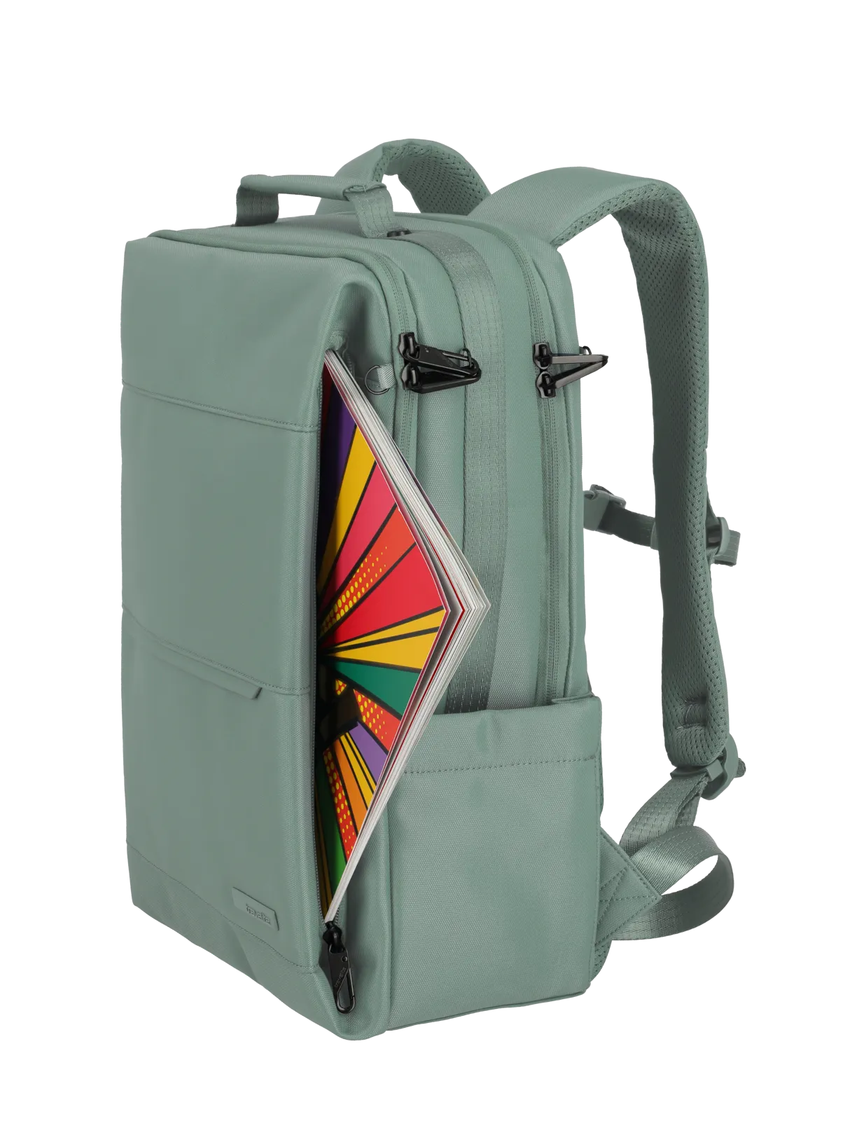 Mintgrüner Rucksack mit buntem Heft im Seitenfach – moderner, vielseitiger Schul- und Freizeitrucksack