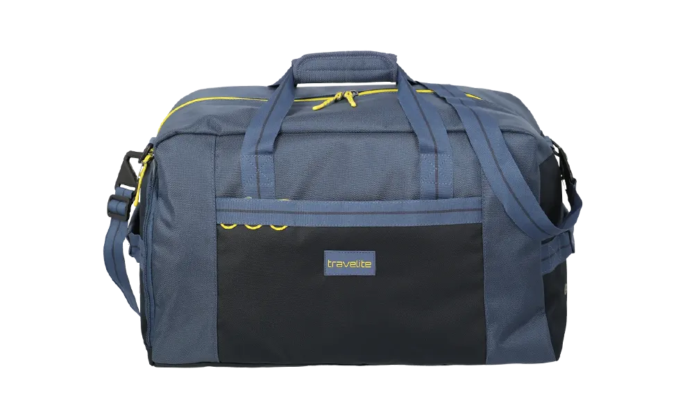 Travelite Reisetasche in Blau mit gelben Akzenten – geräumige und robuste Sport- und Reisetasche mit Fronttasche Blaue Travelite Reisetasche mit gelben Reißverschlüssen und schwarzen Details, ideal für Sport und Reisen