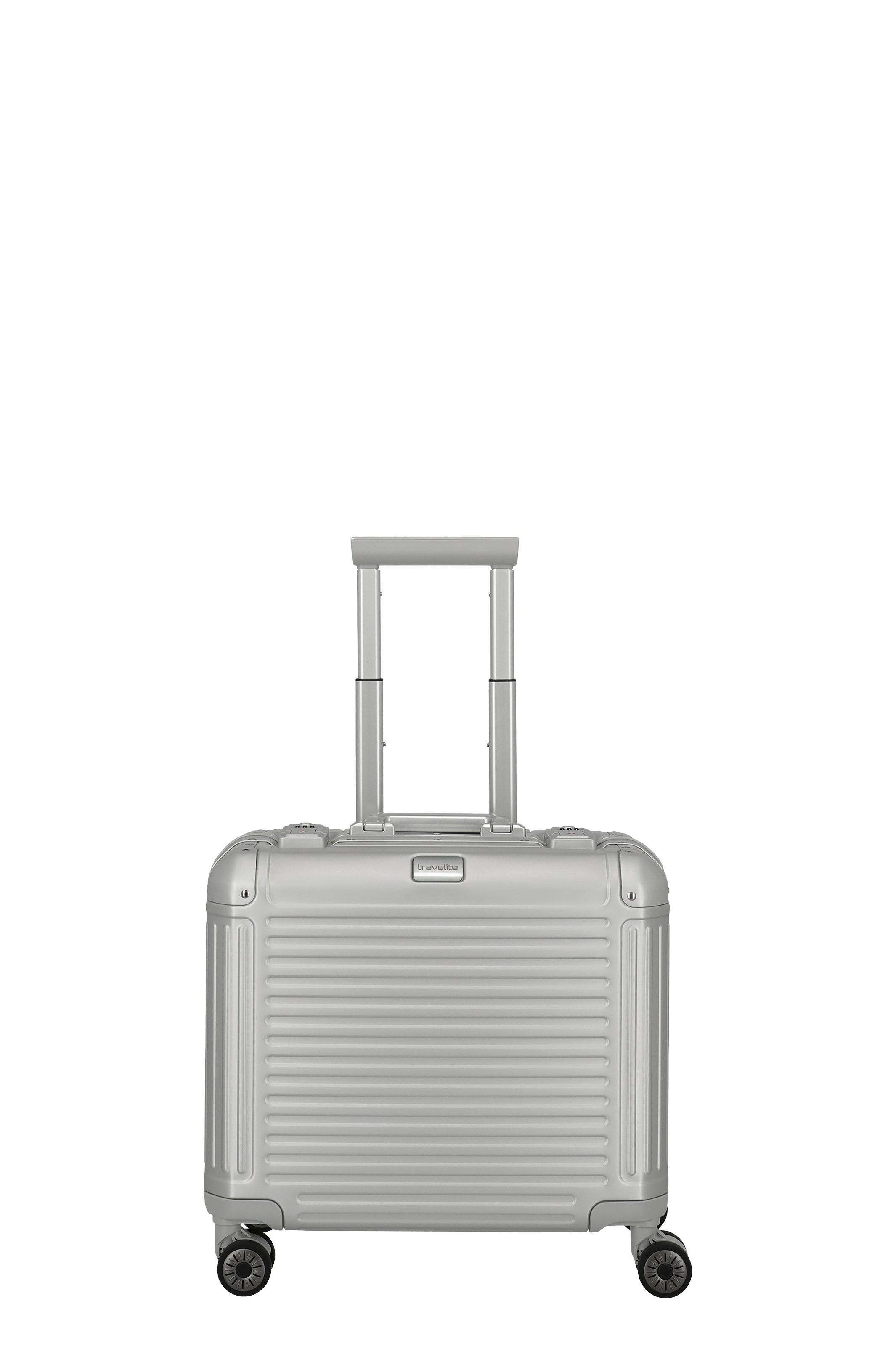 Eleganter silberner Hartschalen-Trolley mit vier Rollen und Teleskopgriff für komfortables Reisen Silberner Hartschalenkoffer mit vier Rollen und ausziehbarem Griff, ideal als Handgepäck