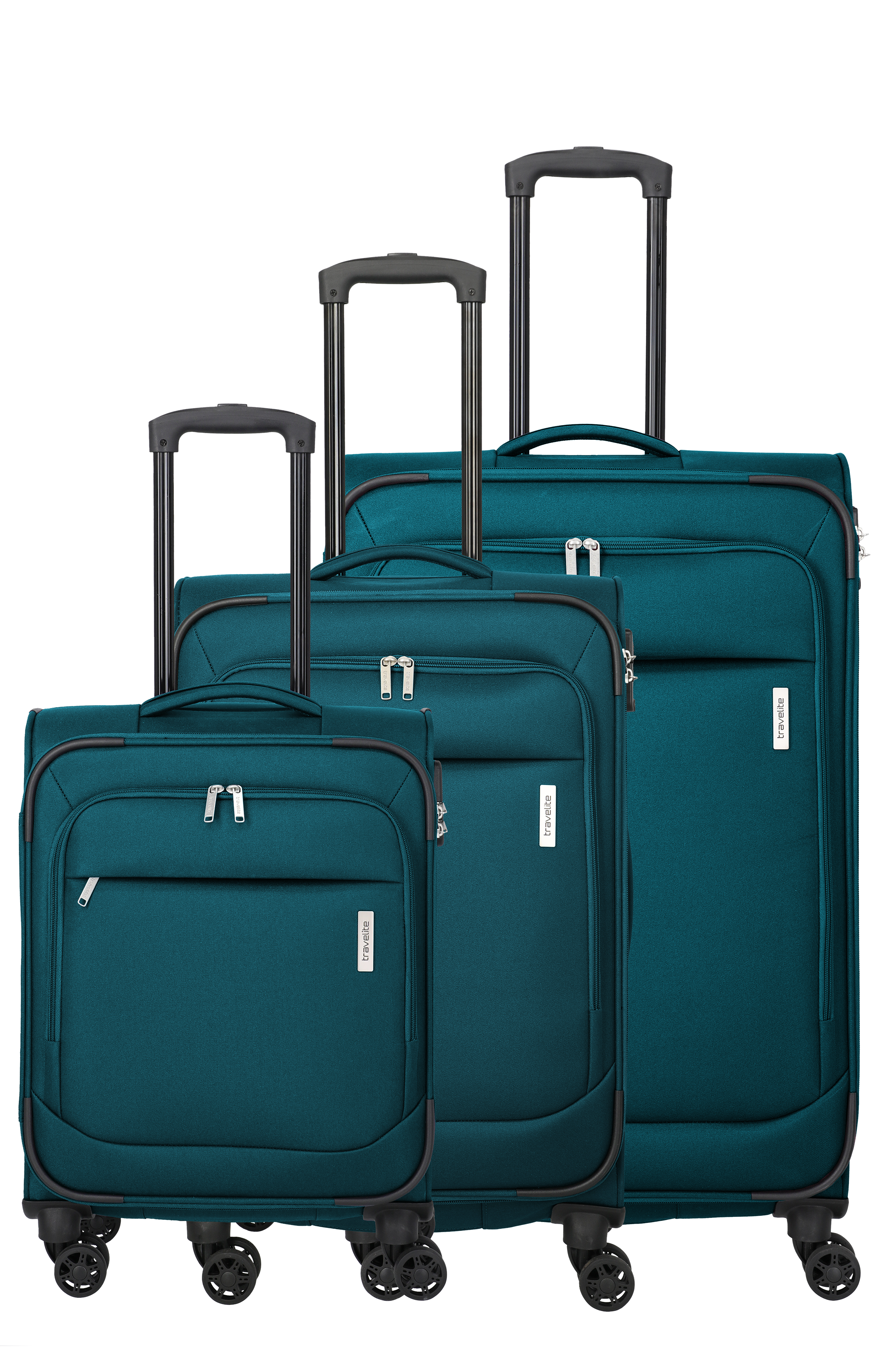 Three petrol-coloured suitcases with black handles and wheels stand on a black background. They are different sizes and arranged in a tier: the smallest on the left, the largest on the right. Each has a zip and a label.