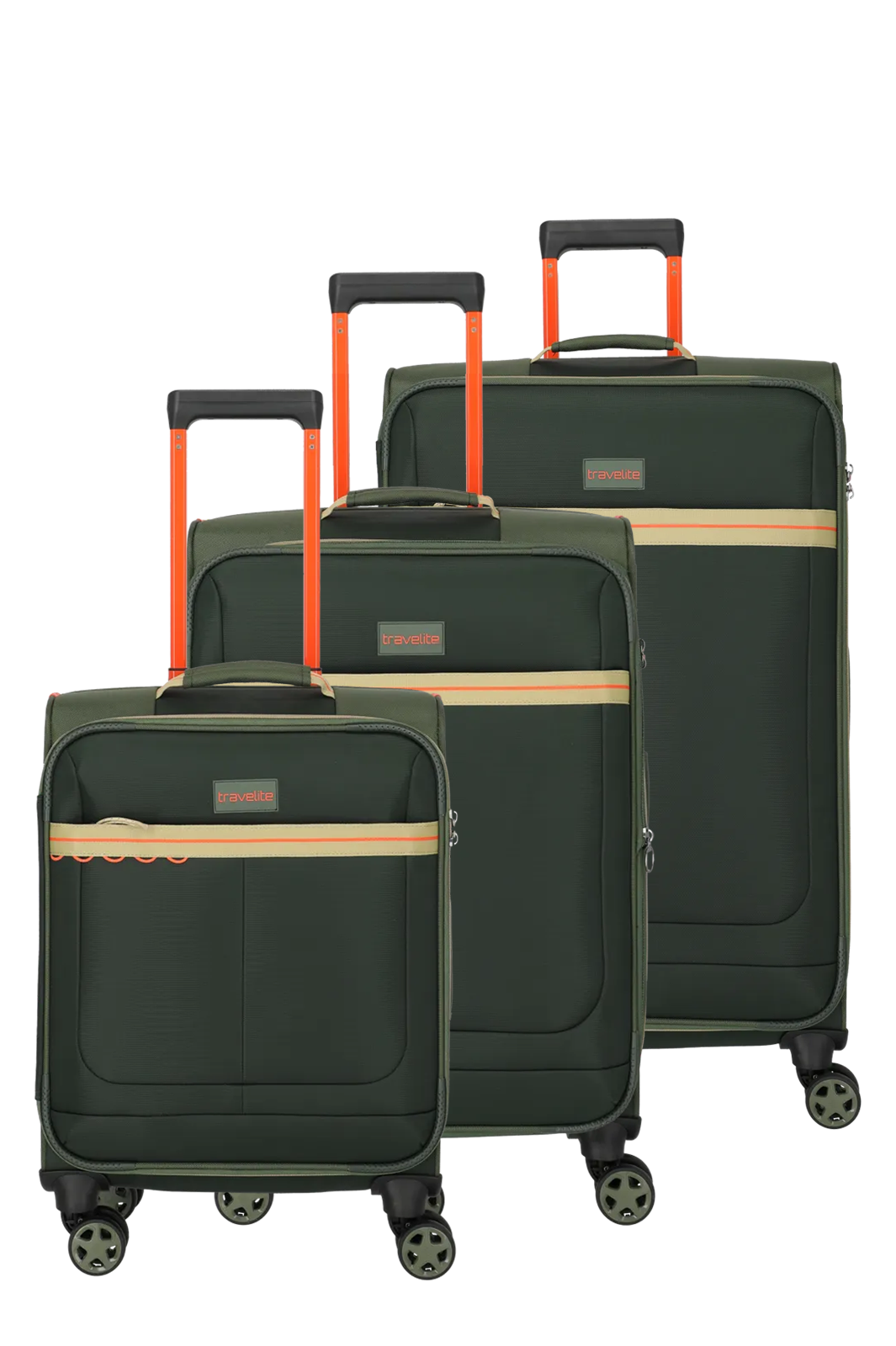Travelite Koffer-Set in Olivgrün mit orangen Griffen - 3-teiliges Weichgepäck für Reisen Dreiteiliges olivgrünes Travelite Koffer-Set mit orangen Teleskopgriffen und gelben Zierstreifen, geeignet für unterschiedliche Reisebedürfnisse