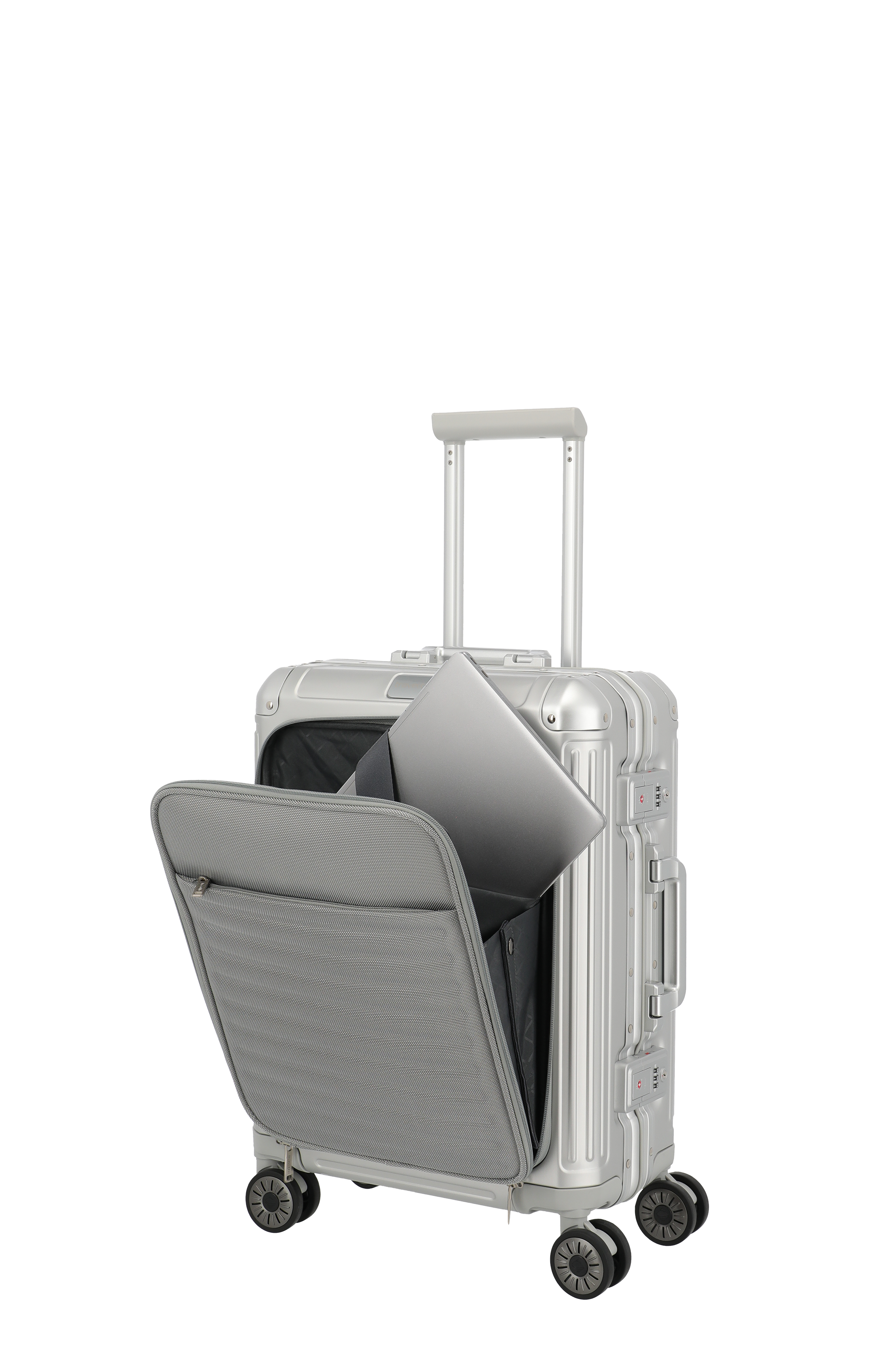 Silberner Hartschalenkoffer mit Frontfach für Laptop und Teleskopgriff – ideal für Geschäftsreisen