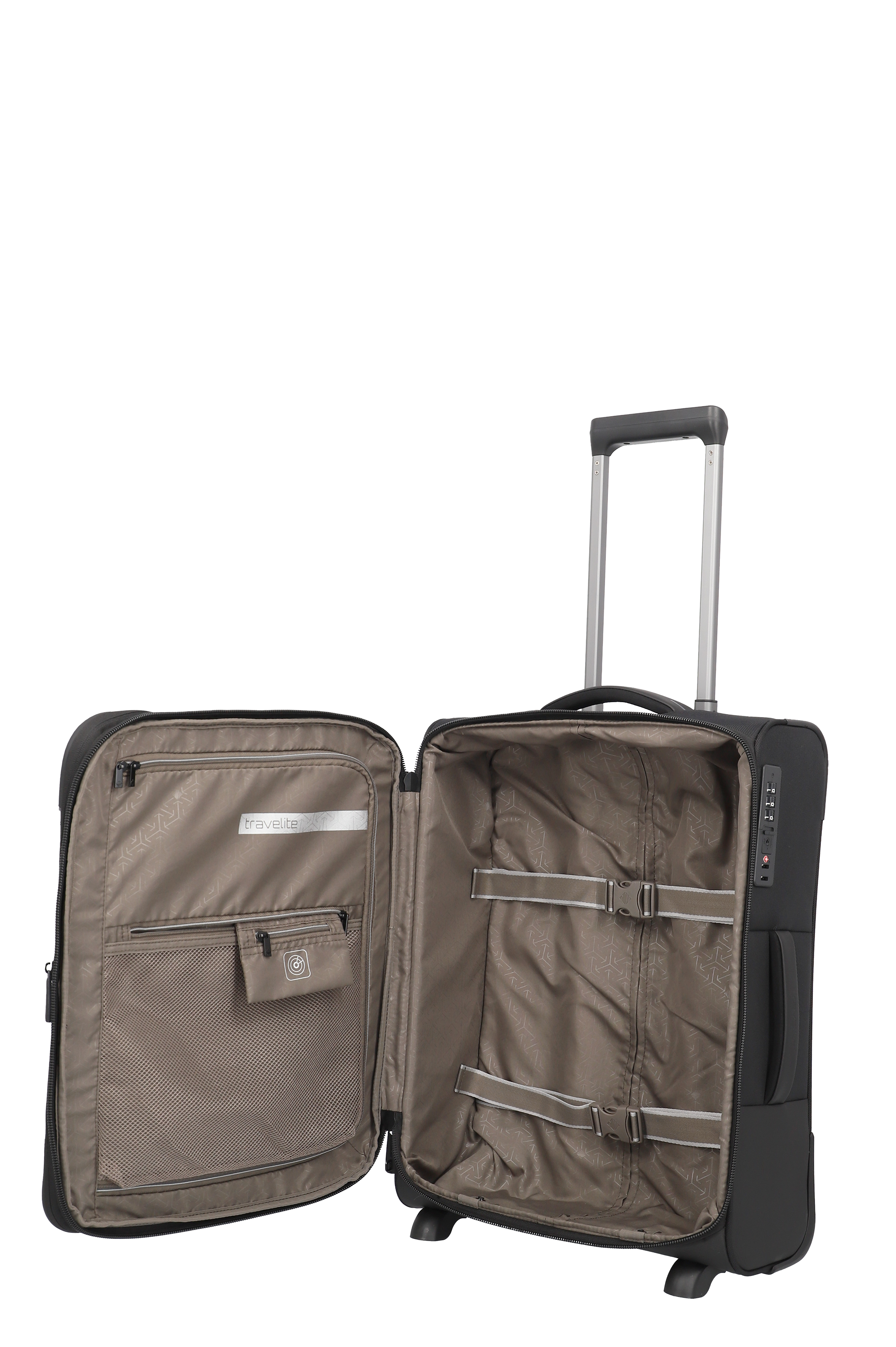 Geöffneter schwarzer Trolley-Koffer mit Teleskopgriff, Innenansicht mit Fächern und Spanngurten