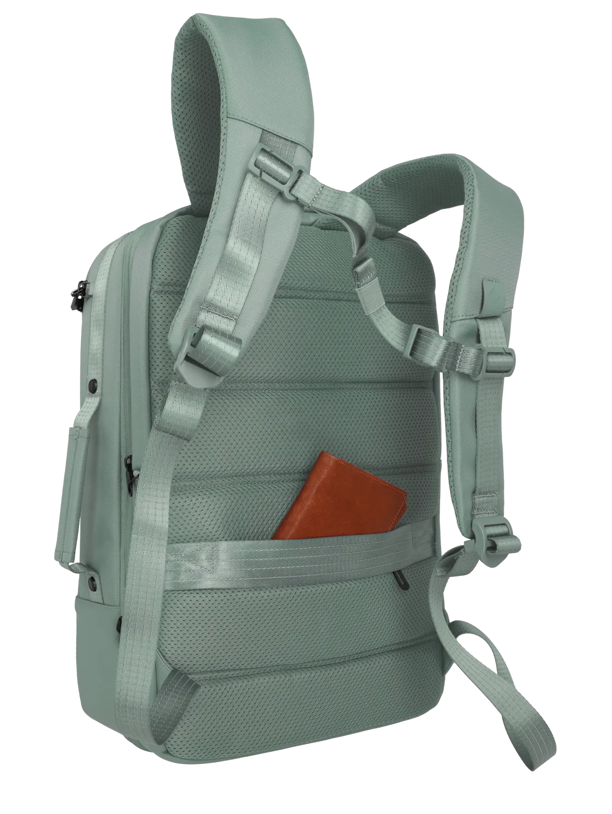 Rückansicht eines mintgrünen Rucksacks mit gepolsterten Schultergurten und seitlichem Fach, in dem ein braunes Notizbuch steckt