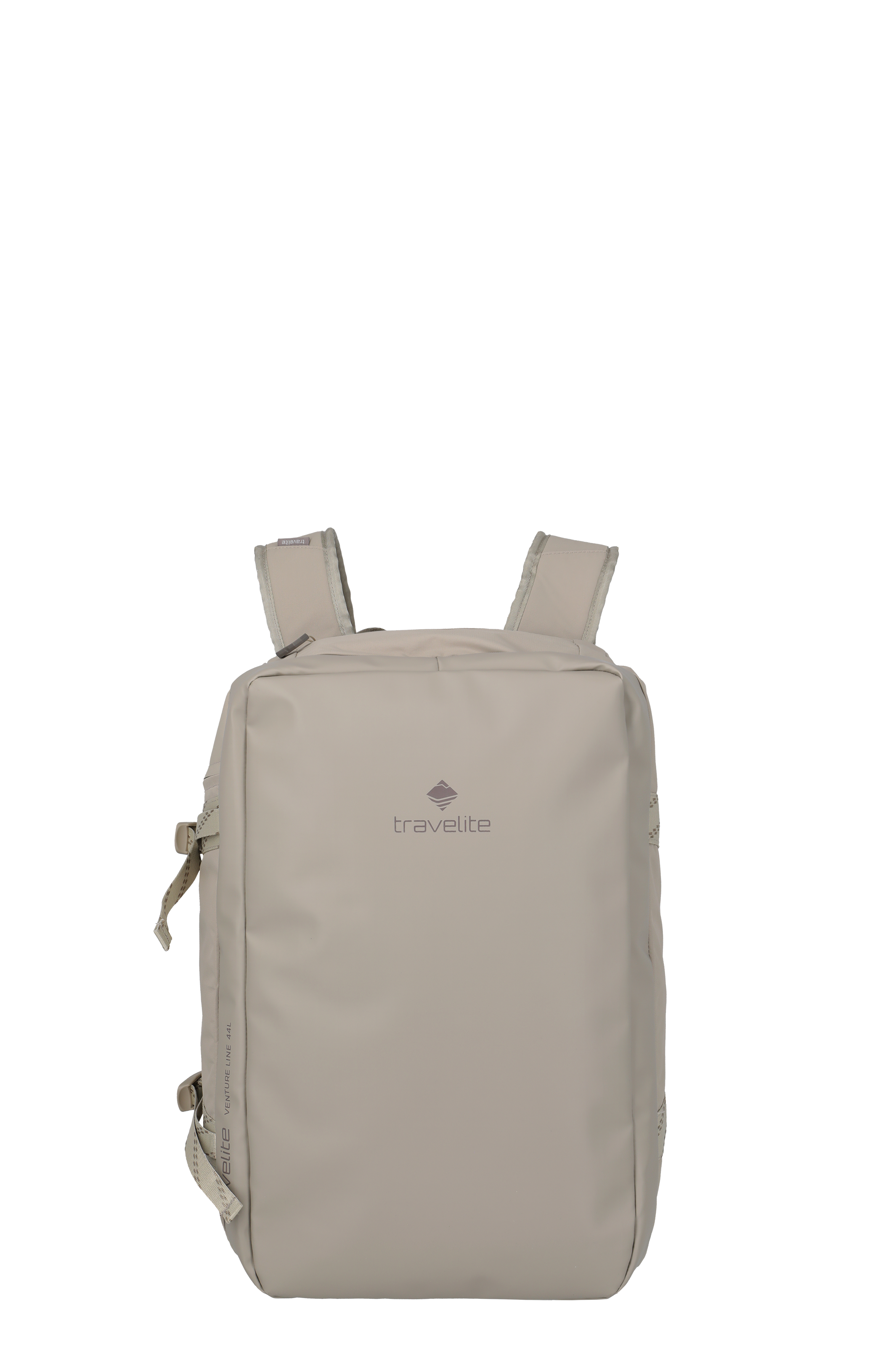 En el centro se puede ver una bolsa de viaje Travelite de color beige sobre fondo negro. La bolsa tiene dos asas y se cierra con dos cremalleras cada una. En la parte inferior puede verse la inscripción "travelite".