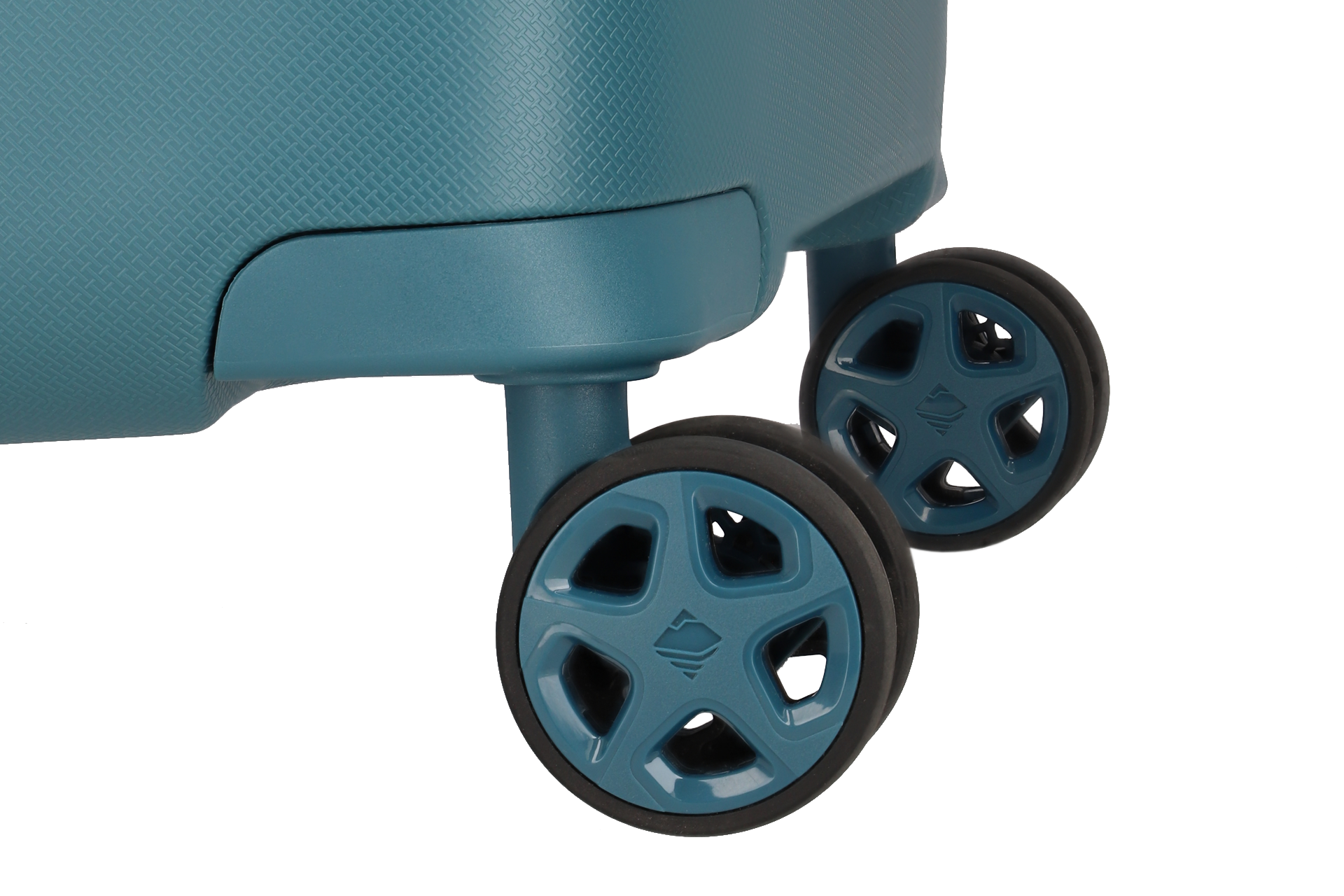 Detailansicht der stabilen Doppelrollen eines modernen Koffers in Blau Nahaufnahme von zwei blauen Kofferrollen mit Hartschalenoberfläche für leichtes und sicheres Reisen