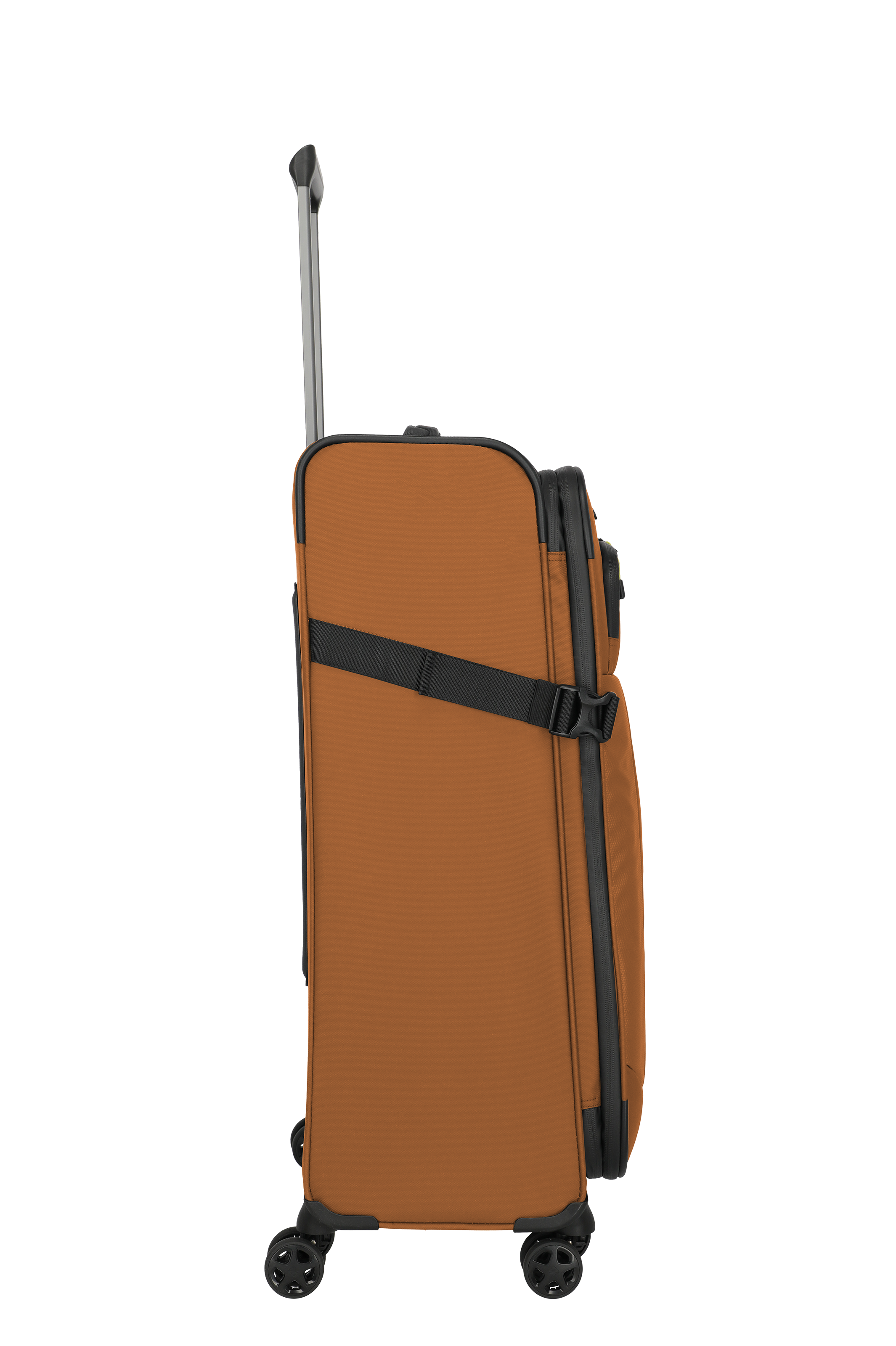 Seitenansicht eines braunen Rollkoffers mit Hartschale und Teleskopgriff