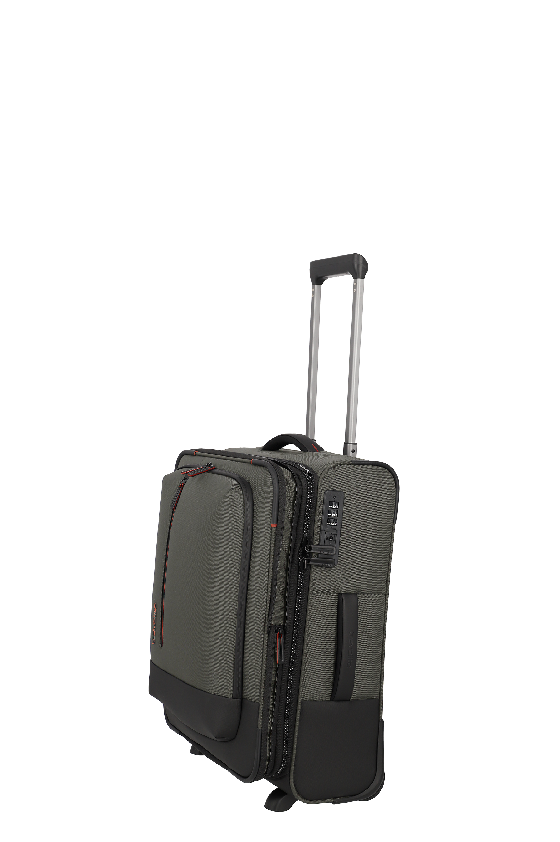 Robuster, grauer Trolley mit vielen Fächern und integriertem Zahlenschloss – ideal als Handgepäck