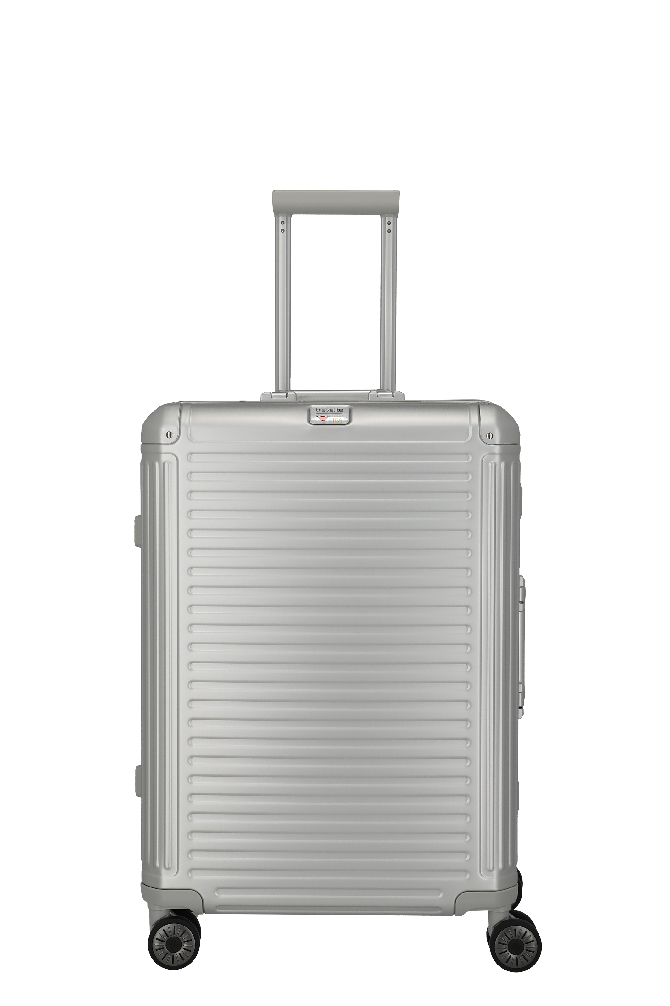 Großer silberner Hartschalenkoffer mit Rollen und Teleskopgriff – robustes Reisegepäck Moderner, silberner Hartschalenkoffer mit vier Rollen und ausziehbarem Griff, ideal für längere Reisen
