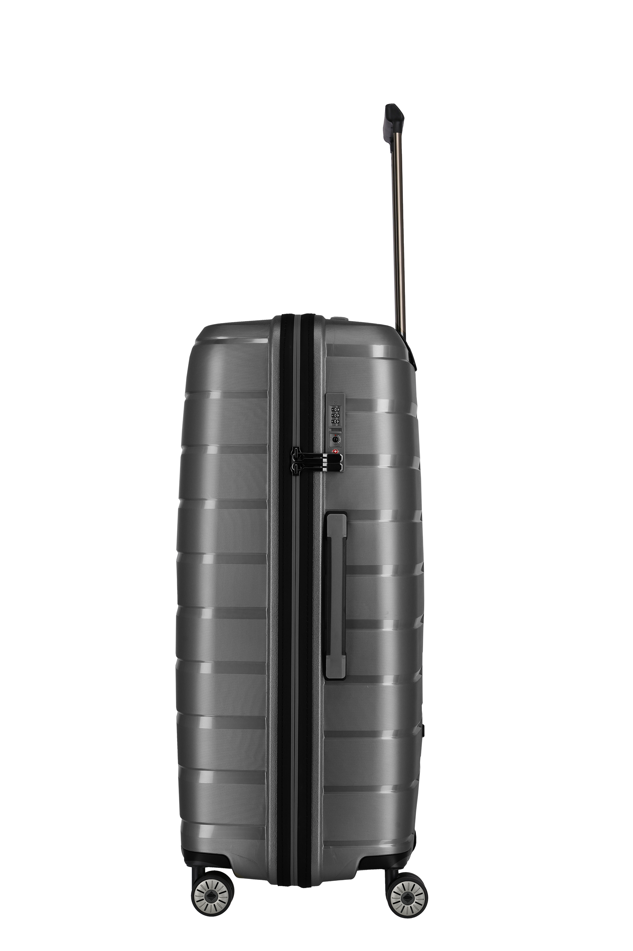 Stabiler Hartschalen-Koffer in Grau mit Zahlenschloss und Teleskopgriff, Seitenansicht