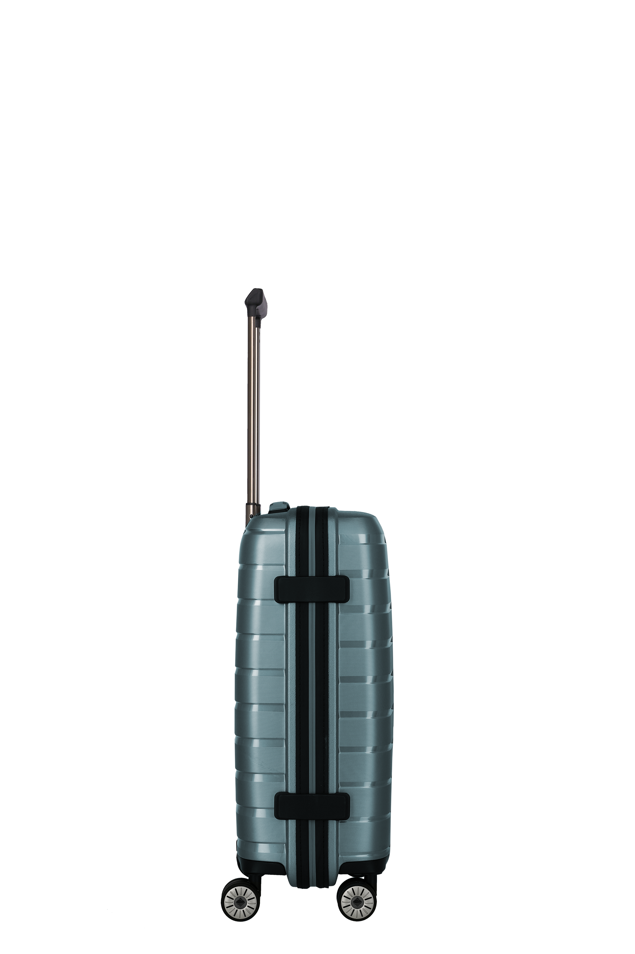 Robuster Hartschalenkoffer in Metallicblau mit vier Rollen und Teleskopgriff – perfekter Reisetrolley