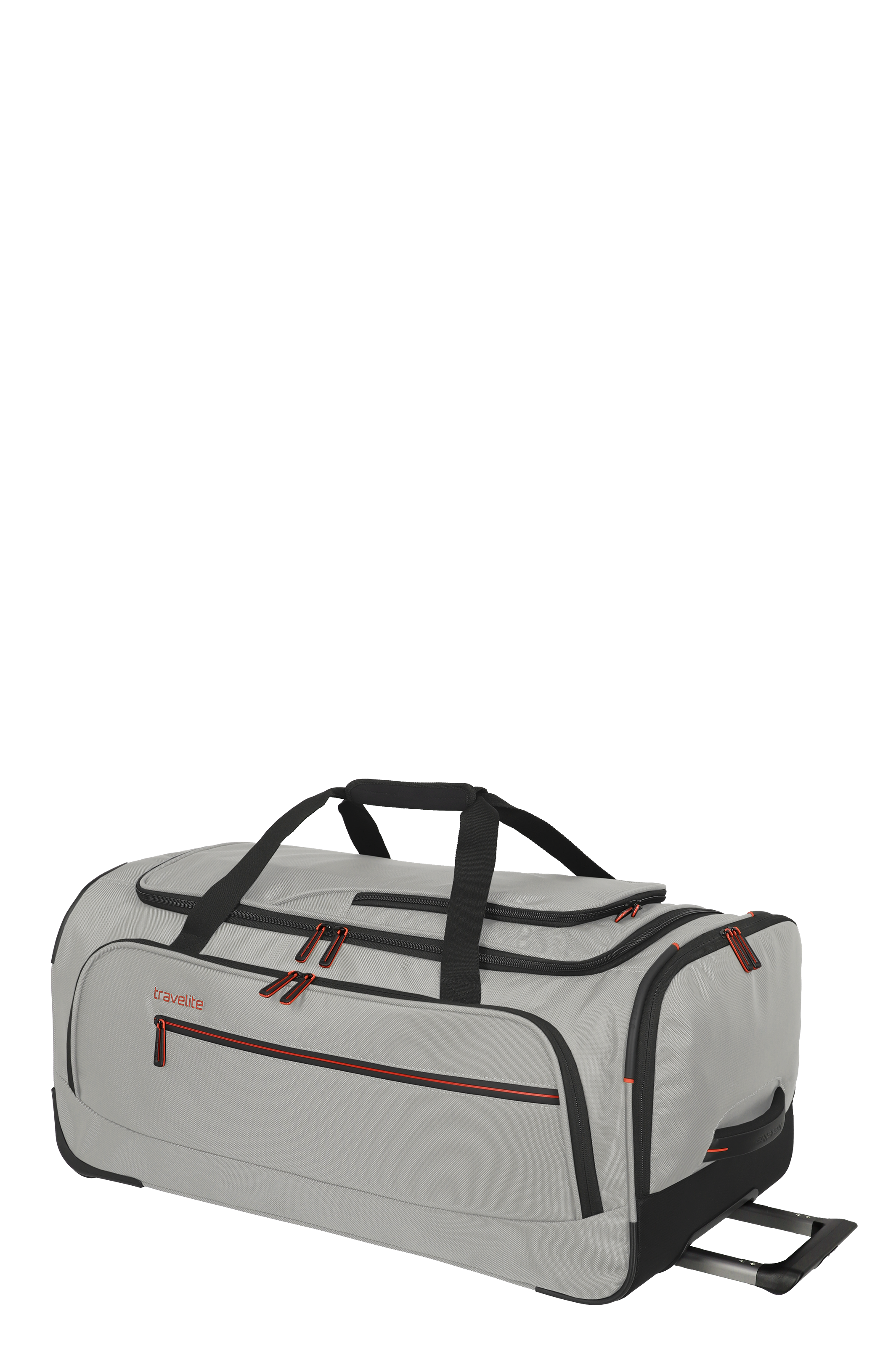 Große graue Reisetasche mit Rollen und schwarzen Details von travelite