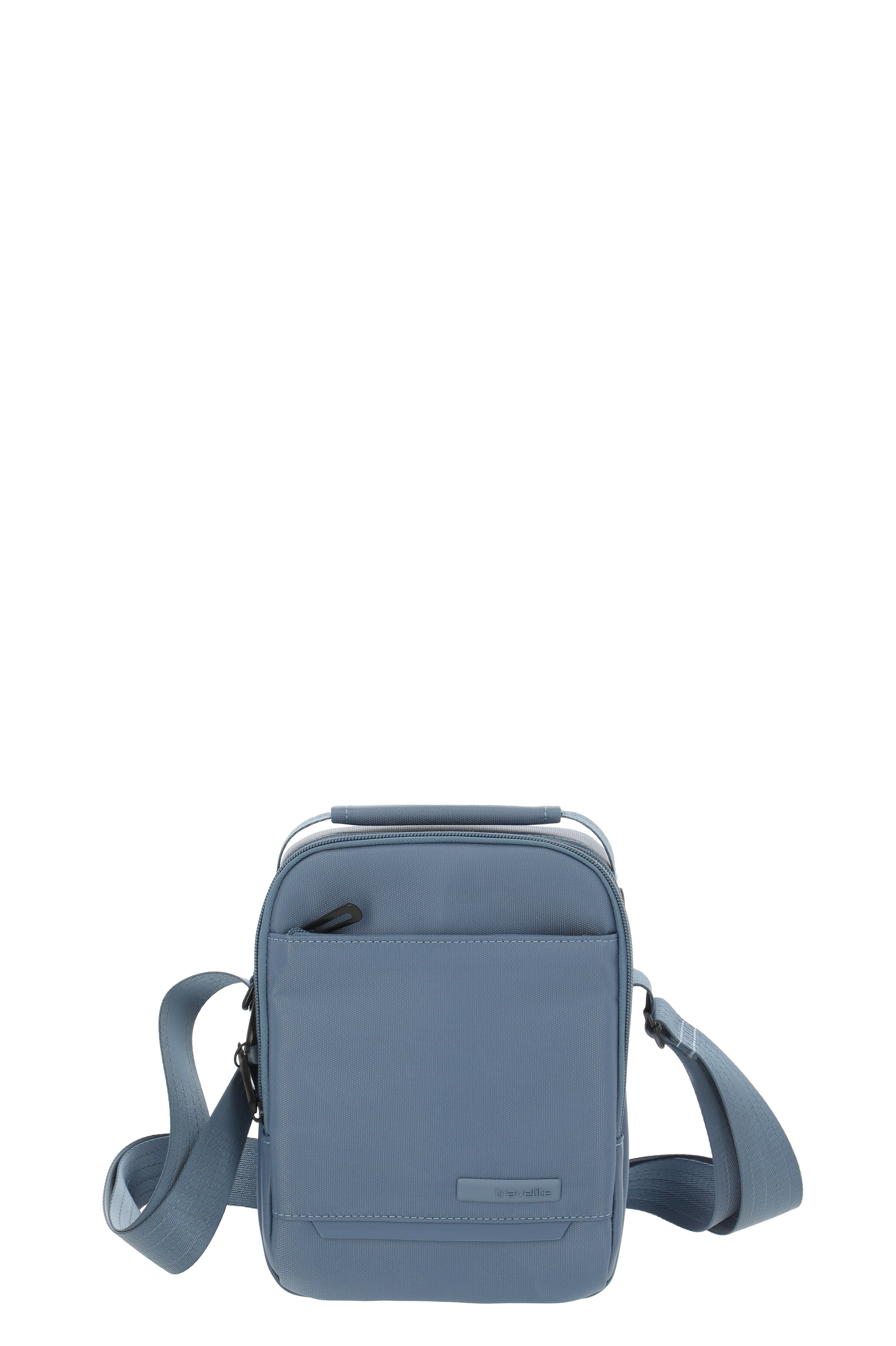 Borsa a tracolla compatta di colore azzurro con zip e tracolla regolabile, ideale per i viaggi