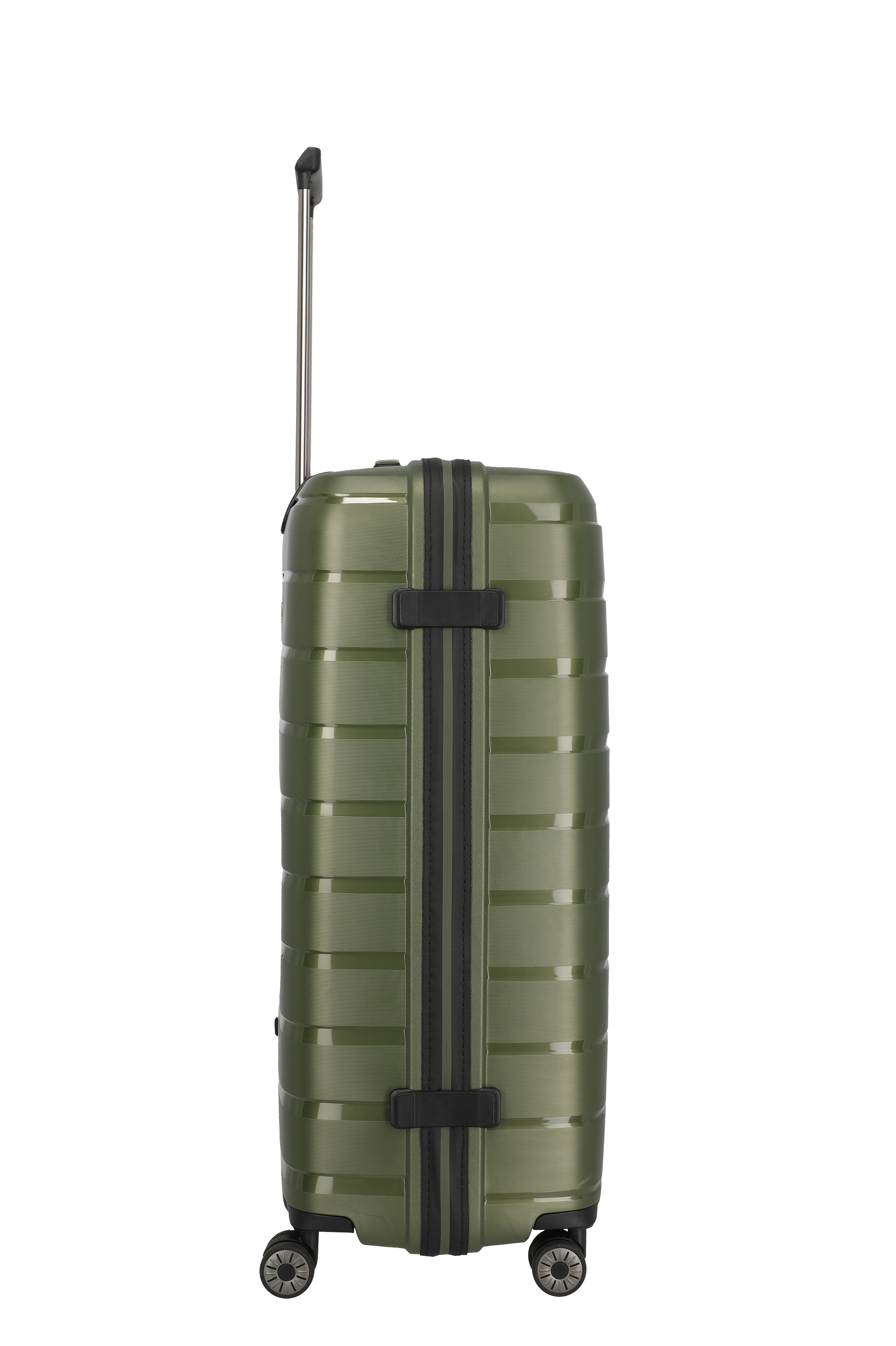 Stabiler Hartschalenkoffer in Olivgrün mit Teleskopgriff und vier Rollen – Seitenansicht
