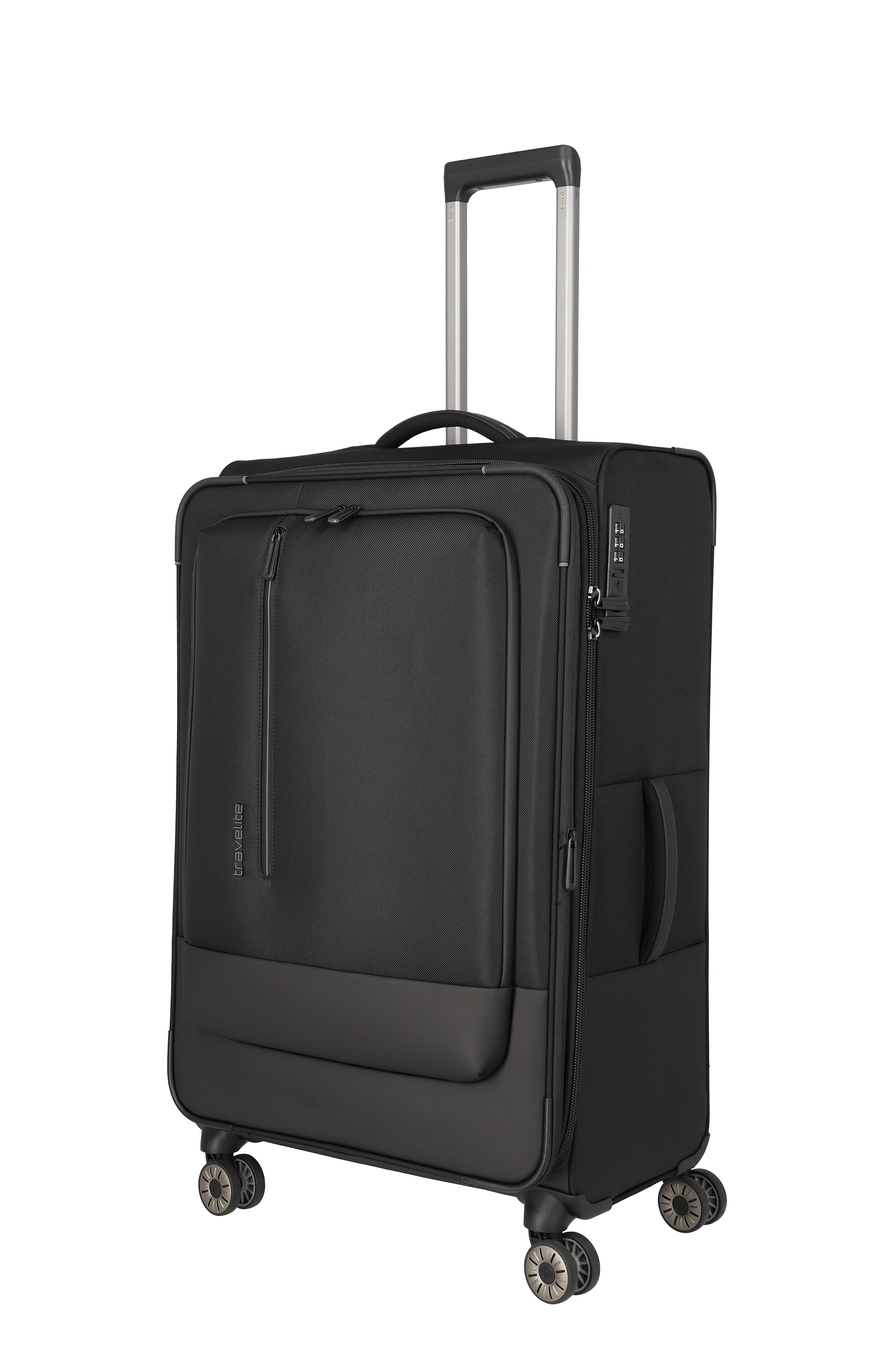 Schwarzer Trolley-Koffer mit vier Rollen und ausziehbarem Griff – ideal für Reisen