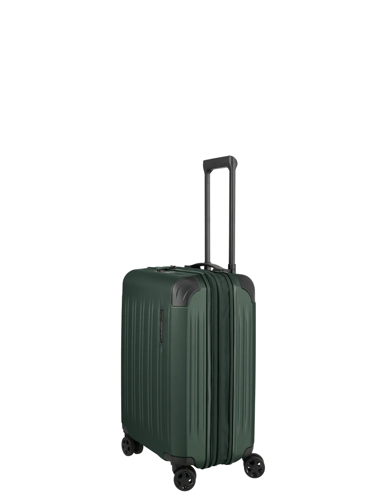 Robuster dunkelgrüner Hartschalen-Trolley mit vier Rollen und Teleskopgriff – ideal als Handgepäck