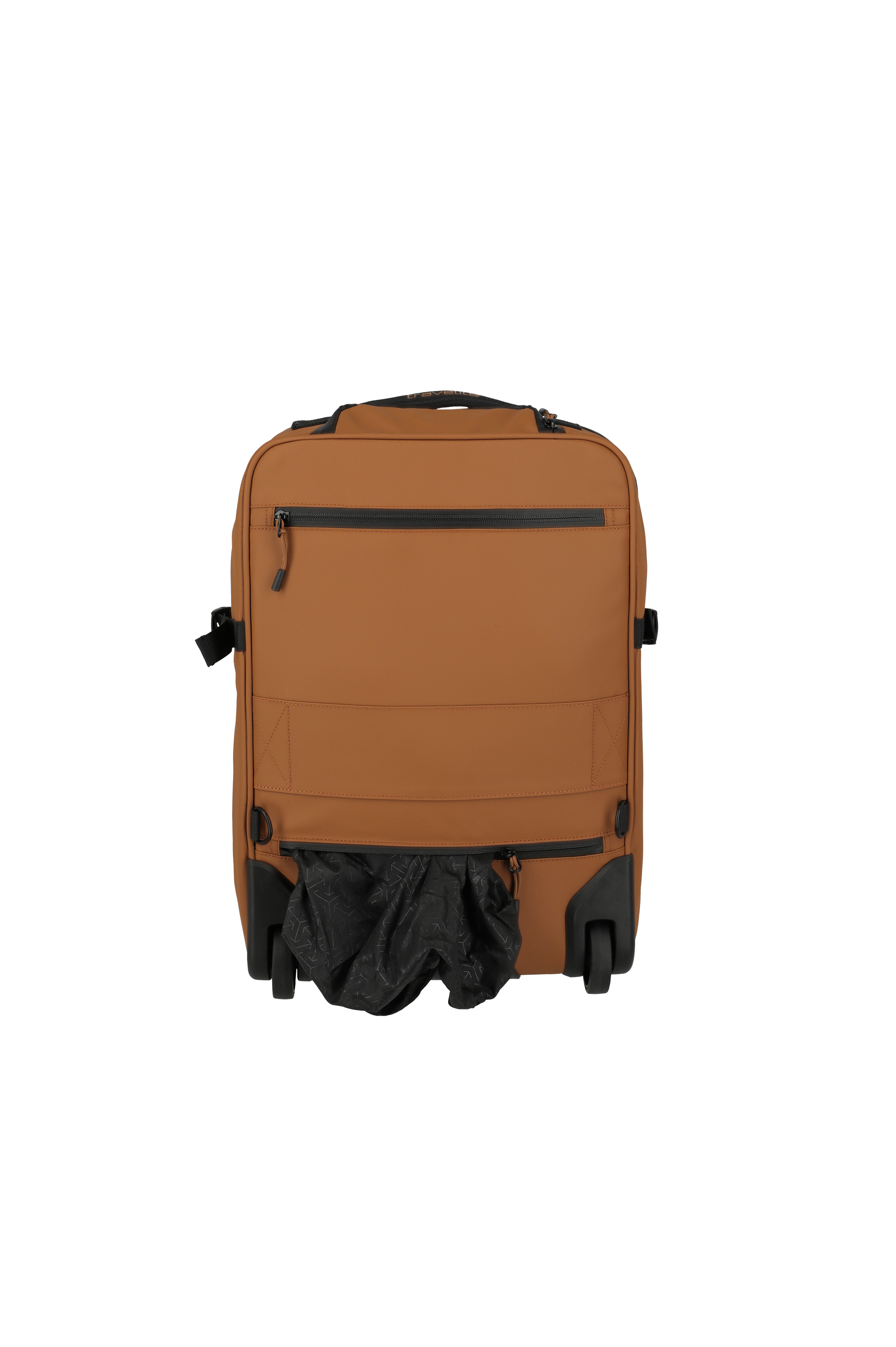 Brauner Rollkoffer mit Vordertasche und integrierter Abdeckung