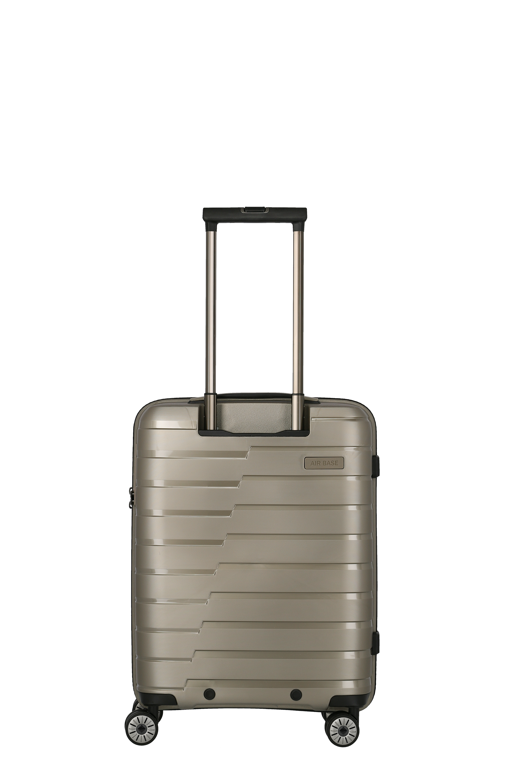 Stabiler Hartschalen-Trolley in silber mit vier Rollen und Teleskopgriff – Modell AIR BASE