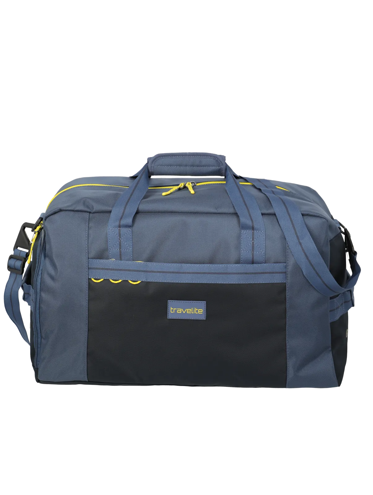 Reisetasche Travelite blau-schwarz mit gelben Akzenten, geräumig und robust Große blaue und schwarze Reisetasche der Marke Travelite mit gelben Reißverschlüssen und praktischem Tragegurt