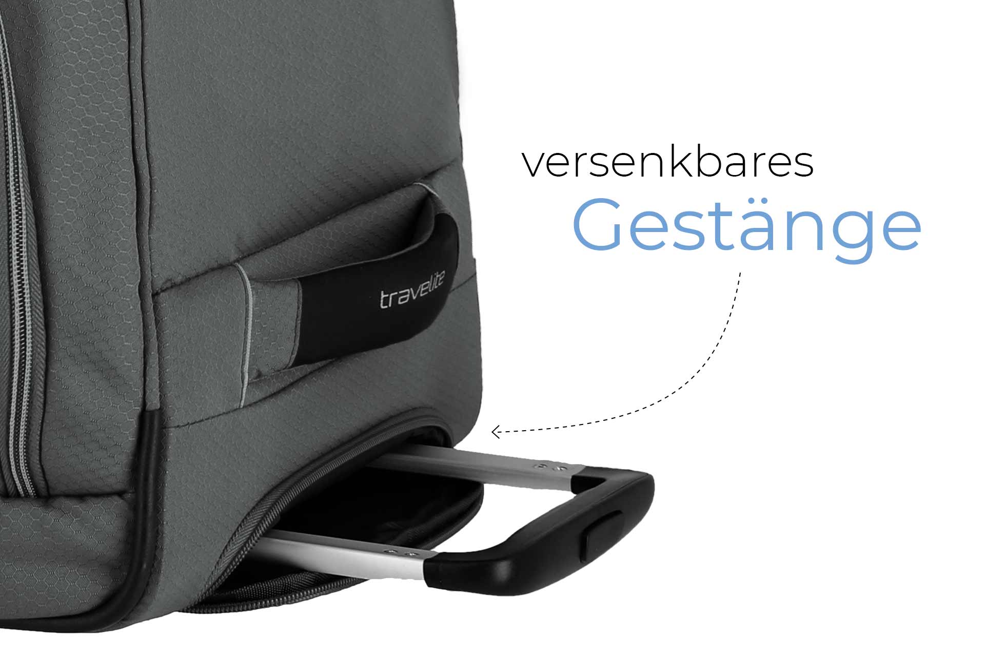 Koffer mit versenkbarem Gestänge Grauer Koffer mit versenkbarem Gestänge und markiertem Text 'versenkbares Gestänge'