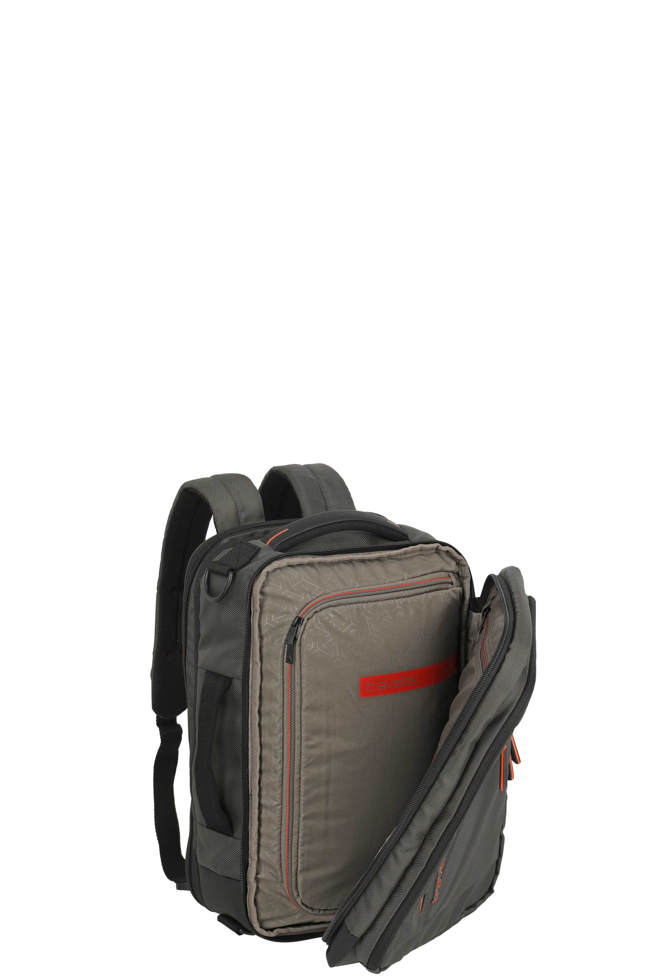 Travelite Rucksack grau mit Fronttasche und geöffnetem Hauptfach