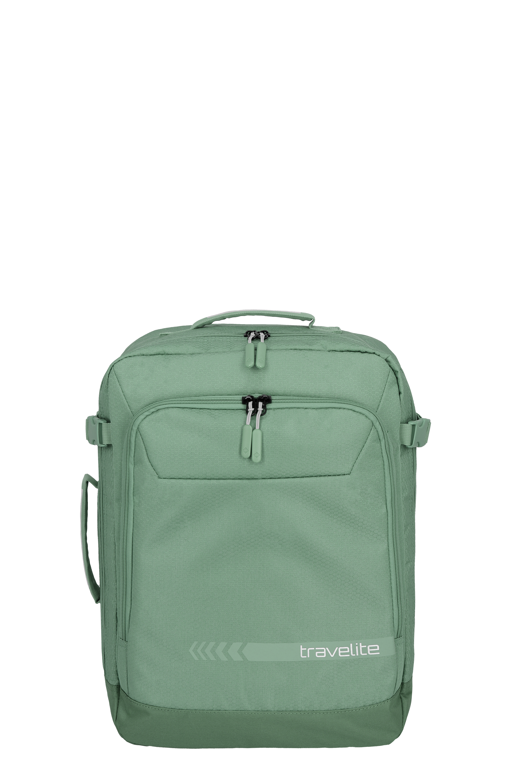 Vue de face du sac à dos vert Multibag de TRAVELITE. Le sac à dos a deux compartiments principaux avec des fermetures éclair, une dragonne en haut et le logo TRAVELITE en bas à droite. Tissu texturé.
