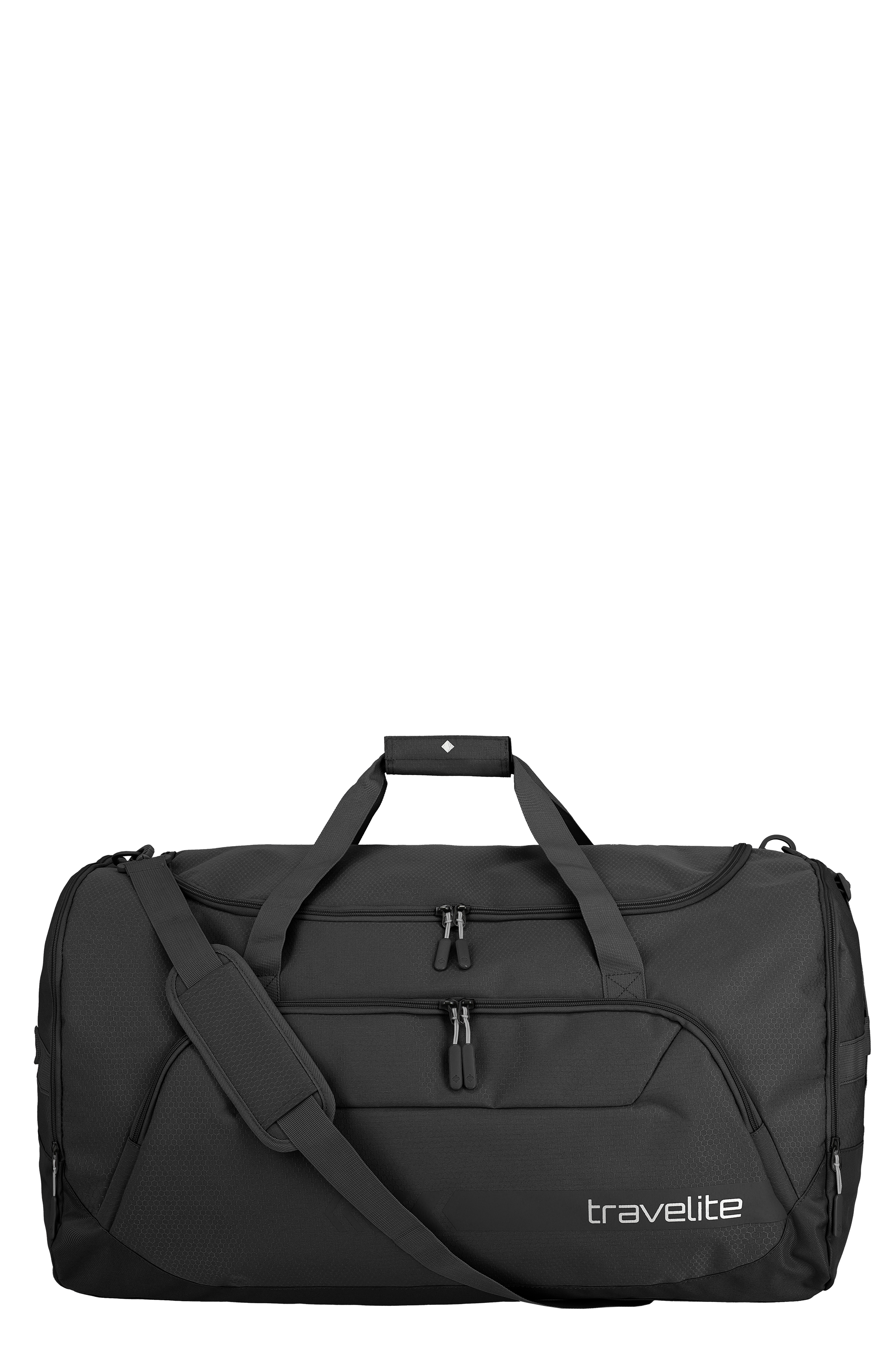 Black, large travelling bag from TRAVELITE, photographed from the front. The bag has carrying handles, a shoulder strap and two zipped compartments. The lettering TRAVELITE can be seen on the bottom right-hand side.