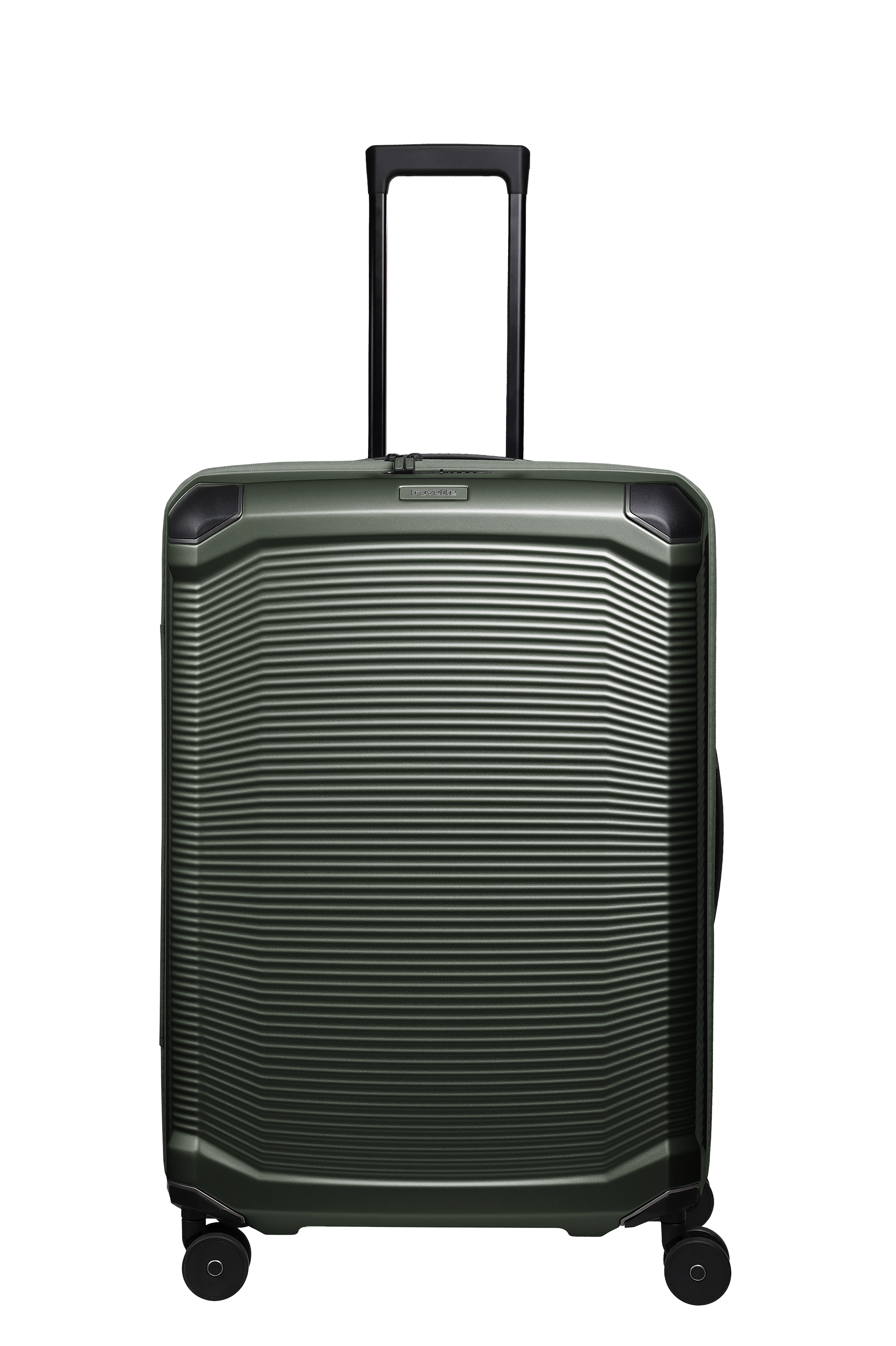 Primer plano de un trolley L de la marca TRAVELITE en color verde, con textura acanalada horizontal y asa telescópica negra. Las esquinas del trolley están reforzadas y las cuatro ruedas garantizan la movilidad.