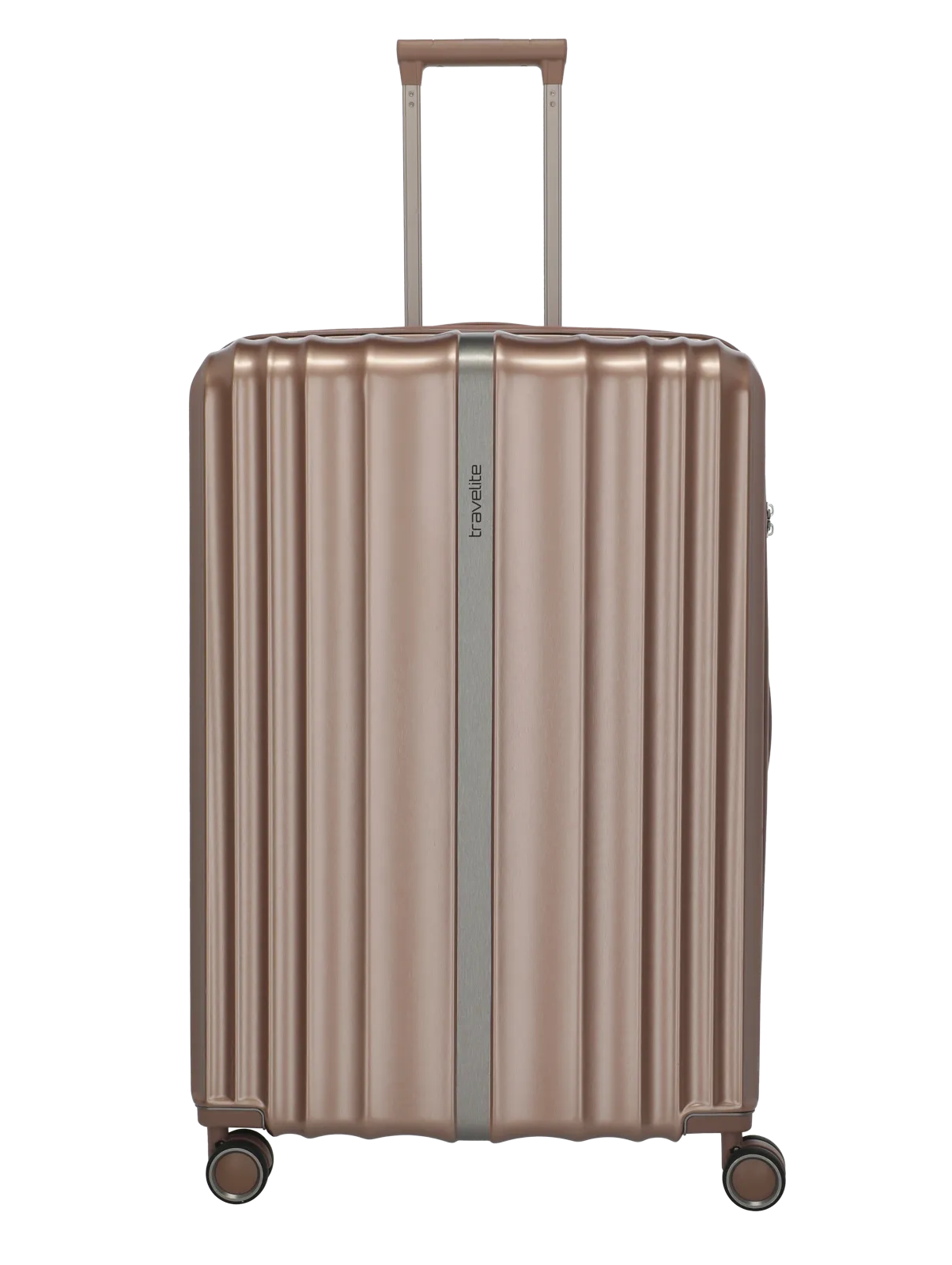 Großer Hartschalenkoffer in Roségold mit Teleskopgriff und vier Rollen – travelite Moderner, roségoldener Hartschalenkoffer von travelite mit vier Rollen und Teleskopgriff, ideal für Reisen