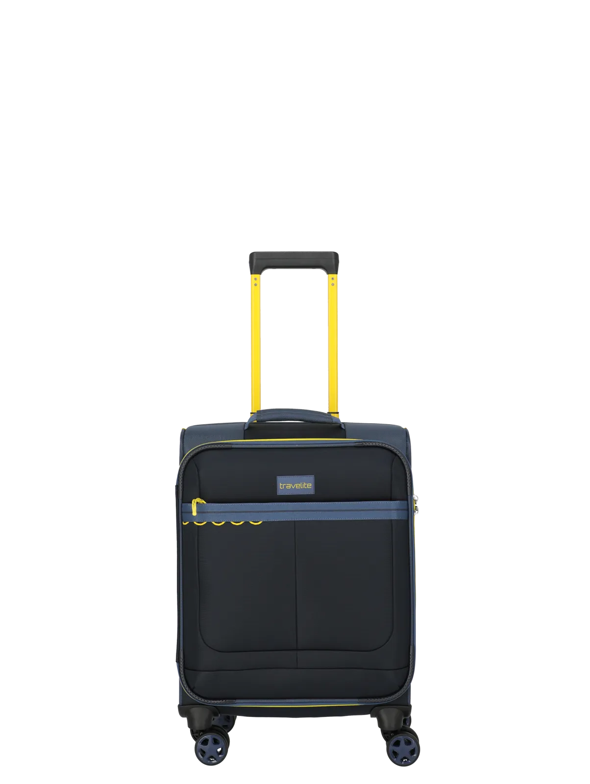 Travelite Handgepäck-Trolley mit 4 Rollen in Schwarz mit gelben Akzenten Moderner Travelite Handgepäck-Trolley mit vier Rollen, gelbem Teleskopgriff und Fronttasche, geeignet für Flugreisen