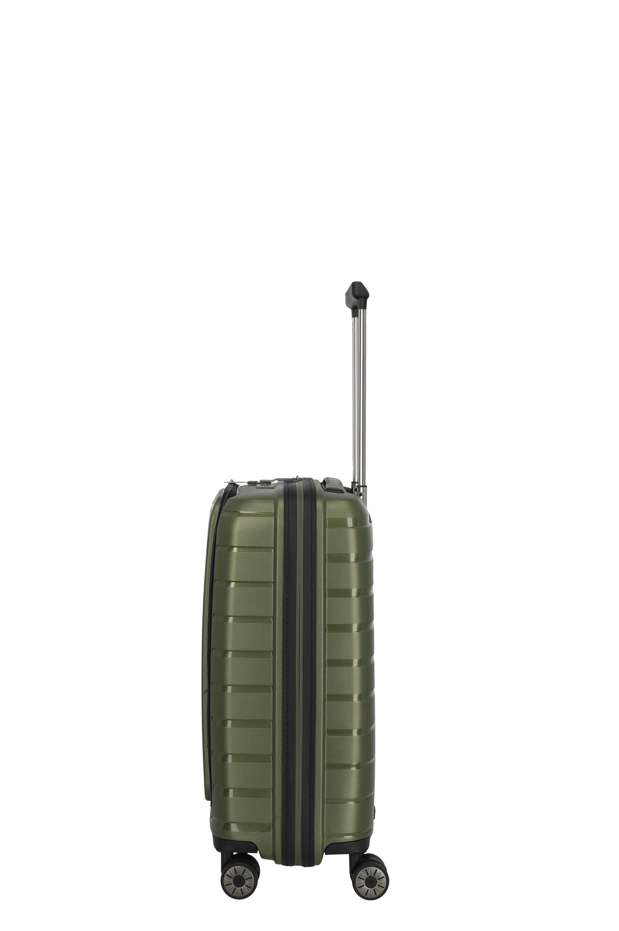 Robuster, grüner Hartschalenkoffer mit Teleskopgriff und vier Rollen – Seitenansicht